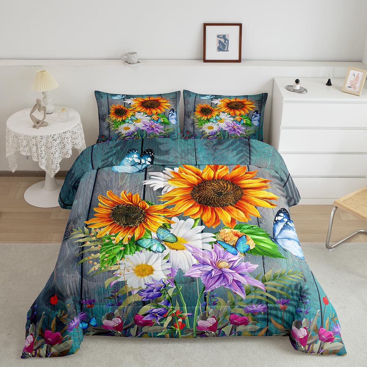 Daisy Sunflower Comforter Set Teal Butterfly Decor,Retro Wooden Planks Flowers Bedding Set Twin,Rustic Farmhouse Animals Butterflies Down Comforter for Girls Kids,Old Barn Door Cabin Style Quilt