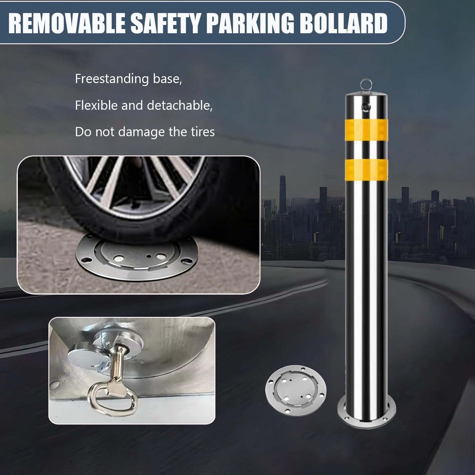Poste De Bolardo De Seguridad De Control De Tráfico Extraíble Bolardo De Estacionamiento De Acero Inoxidable Bloqueable Con Tiras Reflectantes(60cm/23.7in)