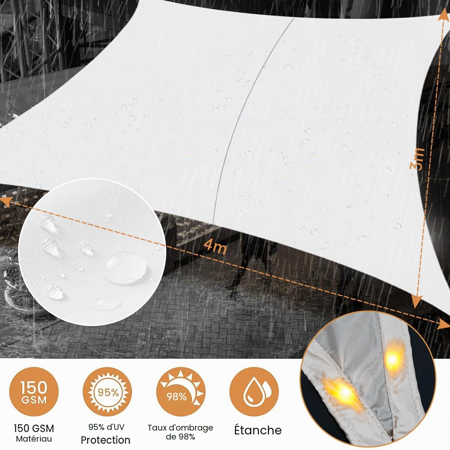 ABIUBIU Voile d'ombrage étanche 3 x 4 m avec chaîne de lumières LED solaires intégrée, protection UV à 98 %, résistant aux déchirures, résistant aux intempéries, pour terrasse, jardin, pelouse