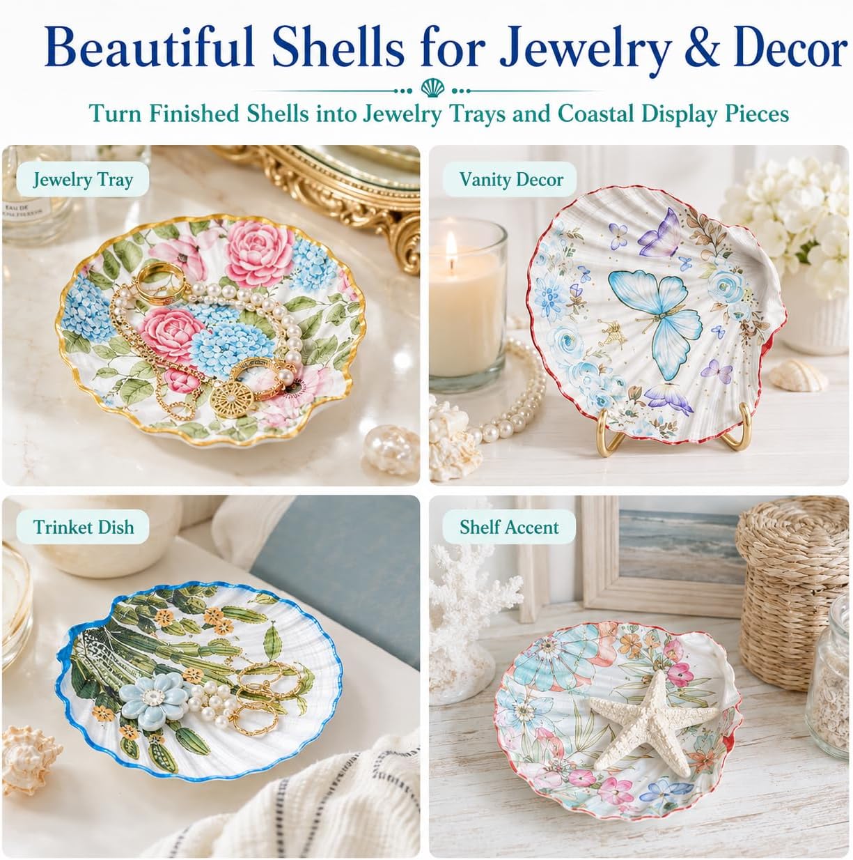 LWPFSD 12 Seashell Craft Kit with 30 Decoupage Stickers, Craft Napkins, Acrylic Paint Sticks and Brush, DIY Shell Decoration Set for Home Decor Crafts (1)