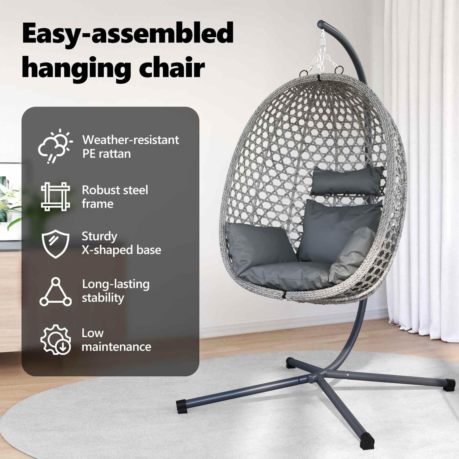 vidaXL Wiszące krzesło jajo antracytowy i szary 104 x 100 x 191 cm, Nowoczesne Ergonomiczne Krzesło Jajko, Składany Leżak na Patio, Huśtawka, Wytrzymałe Meble z Rattanu