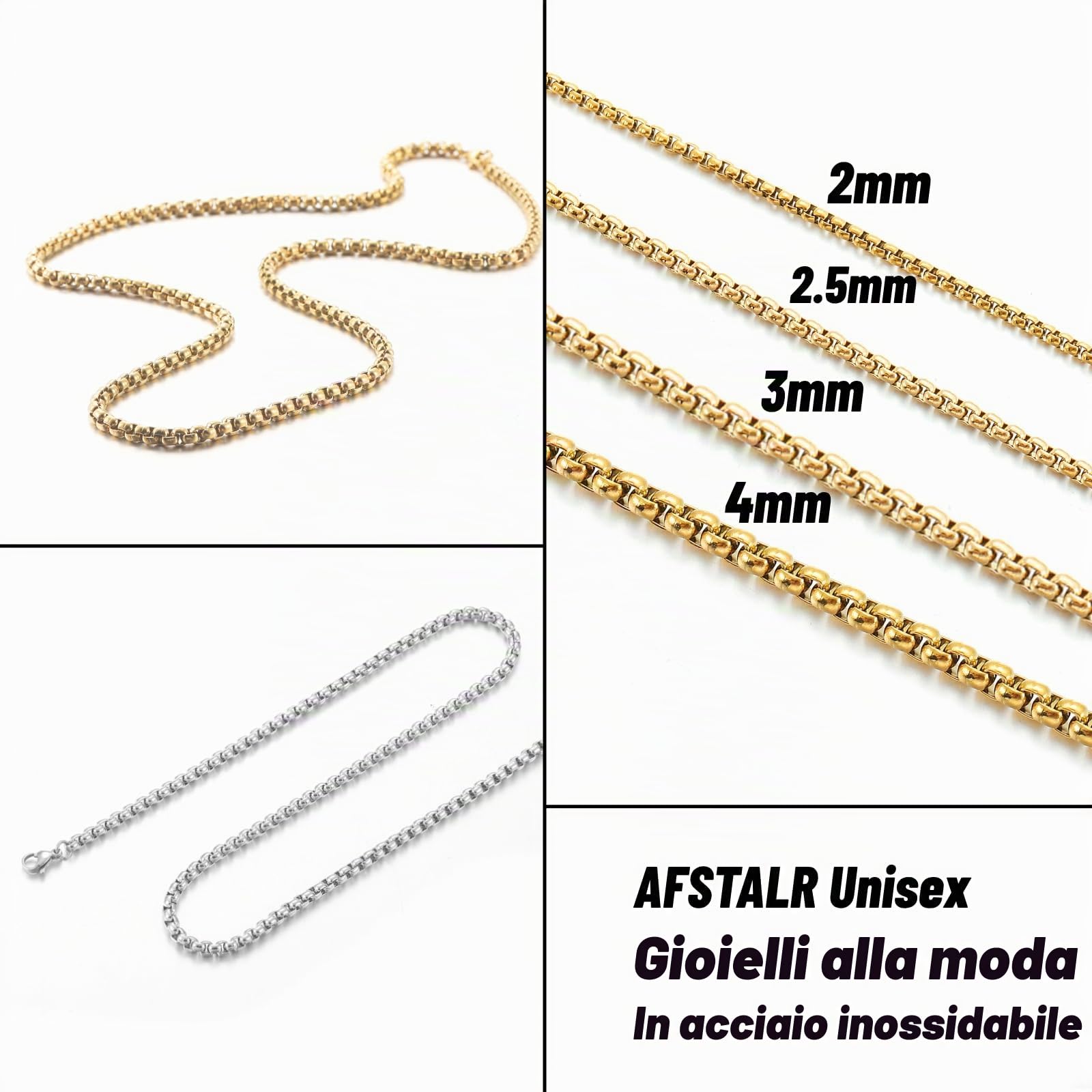 Collana Uomo Donna Acciaio Inossidabile Oro/Argento/Nero Catena a Maglia Veneziana 2/2.5/3/4mm Box Collane Gioielli da Regalo Lunghezza 45/50/55/60/70cm