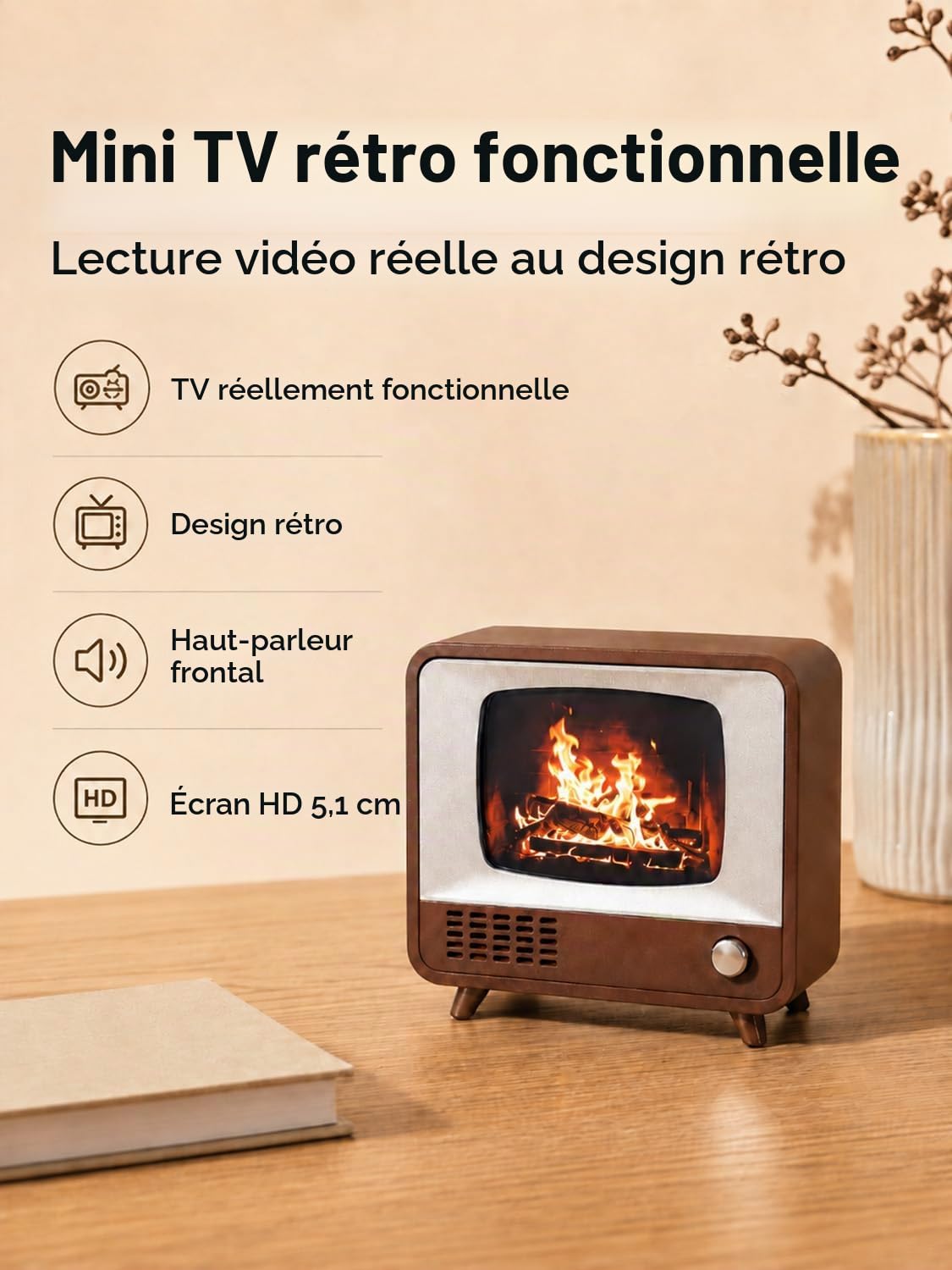 Mini téléviseur rétro avec écran HD de 5,1 cm - Portable - Petit téléviseur vintage - Prend en charge le téléchargement de vidéos personnalisées - Télévision miniature classique rechargeable pour