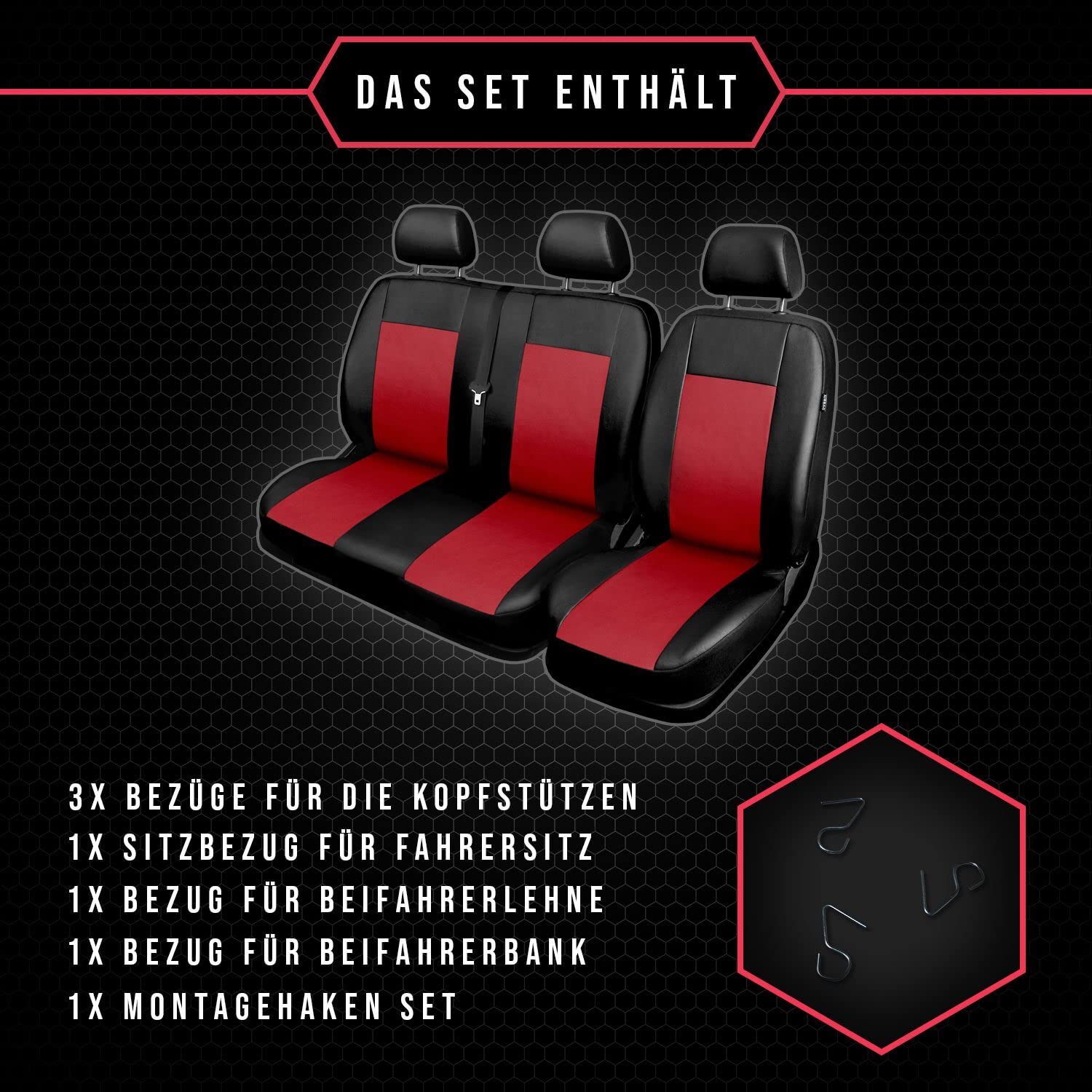 2er Set Autositzbezüge Transporter universal | Bus Sitzbezüge Kunstleder Rot für Airbag geeignet | für Vordersitze | 1+2 Autositze vorne Nicht teilbar
