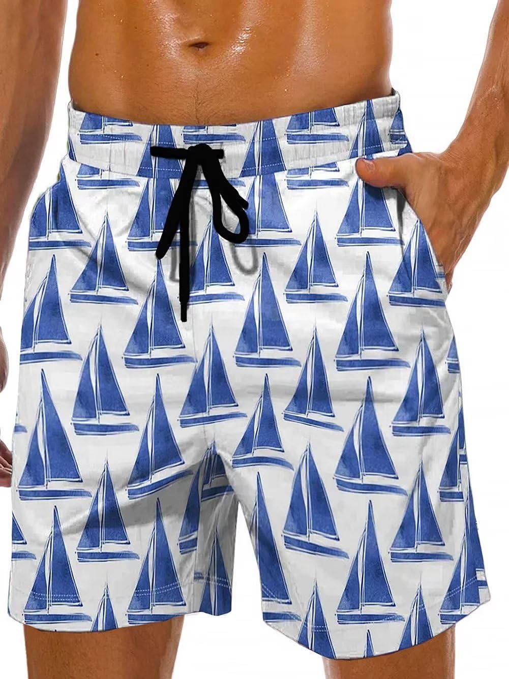 Lzzidou Men's Swim Trunks 9 Inch Inseam Bathing Suit Hawaiian Swimsuits Mesh Lining Beach Shorts with Pockets, White-sailboat, L
