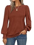 Long Sleeve Shirts Womens Pleated Business Casual Blouses with Smocked Cuffs