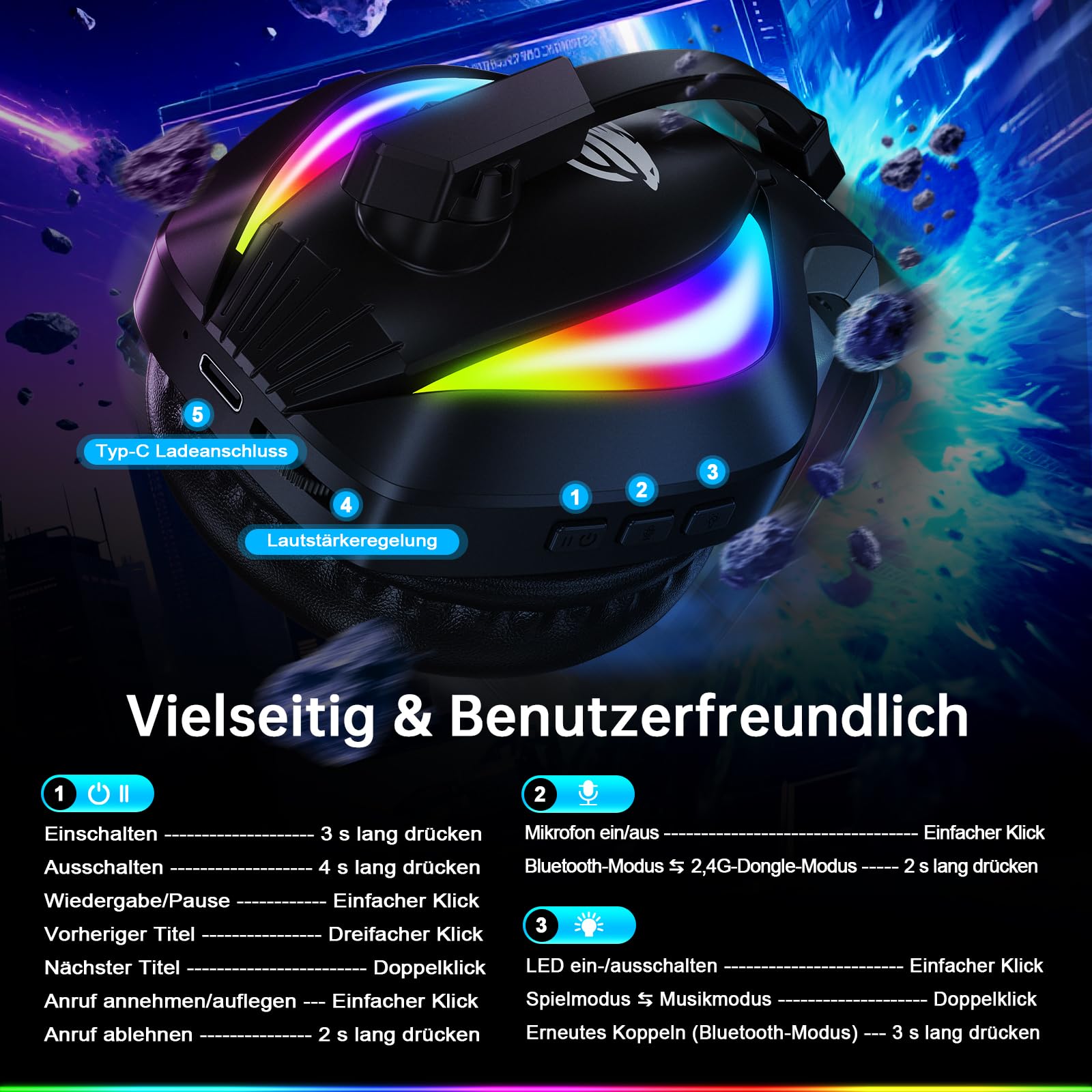 Fachixy Gaming Headset Wireless für PS5, PS4, PC, Mac, Laptop Switch Mobile, 2.4GHz Geringe Latenz Und Bluetooth, Kabelloses kopfhörer mit Mikrofon Immersive Stereo Sound, 50H Akku, RGB Beleuchtung