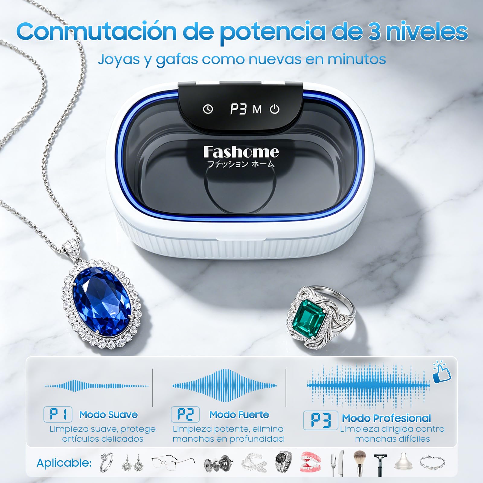 Fashome Limpiador Ultrasonidos, con 2×100 ml de líquido limpiador, 45 kHz, 3 modos, 550 ml de depósito de acero inoxidable, para joyas, gafas, relojes y prótesis dentales, cesta de limpieza y soporte