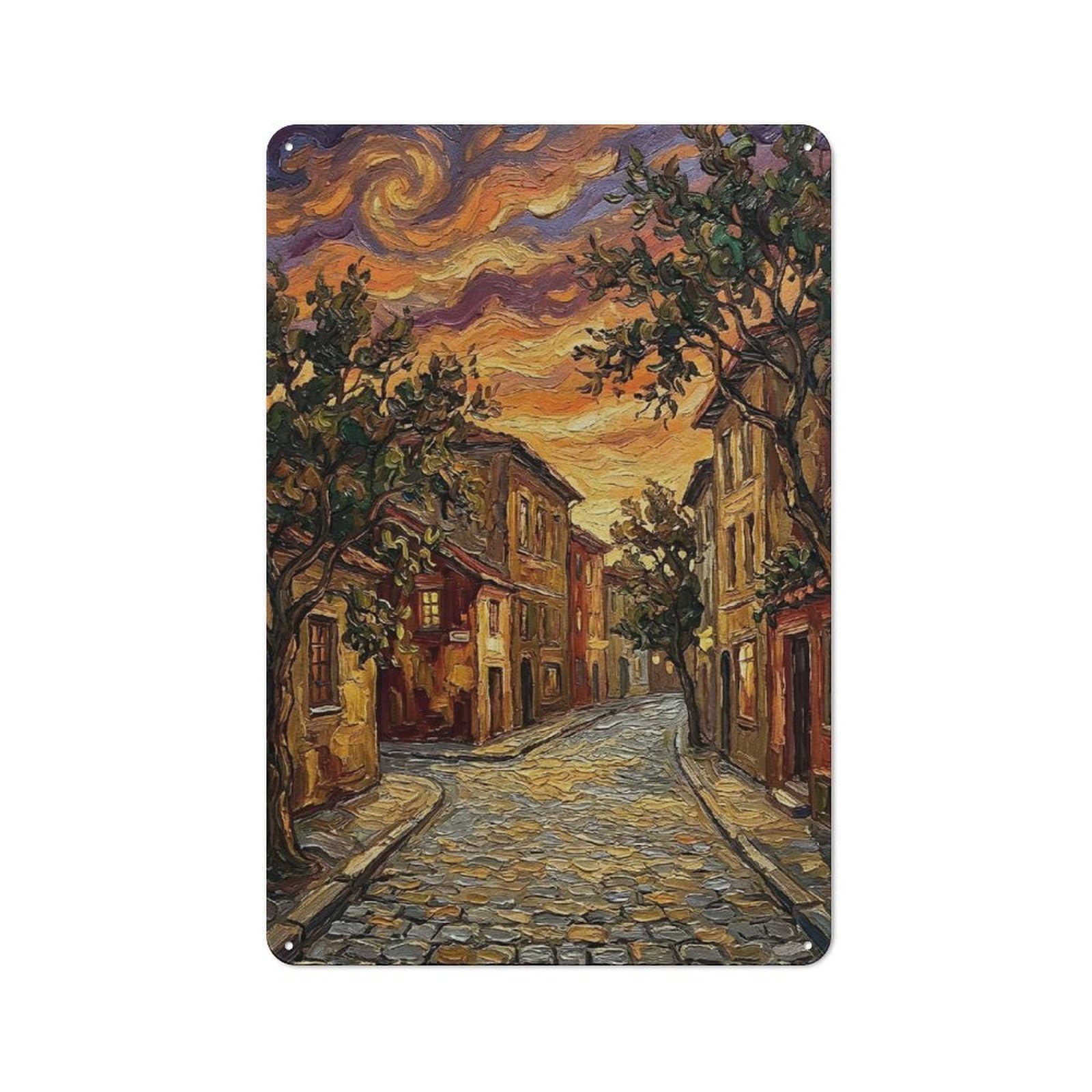 Junmoney Style-7 Impressionist Street Scene At Sunset Retro Metal Wall Decor 30X20cm, Retro Metal Sign For Garage, Hobby Room, Office Or Man Cave