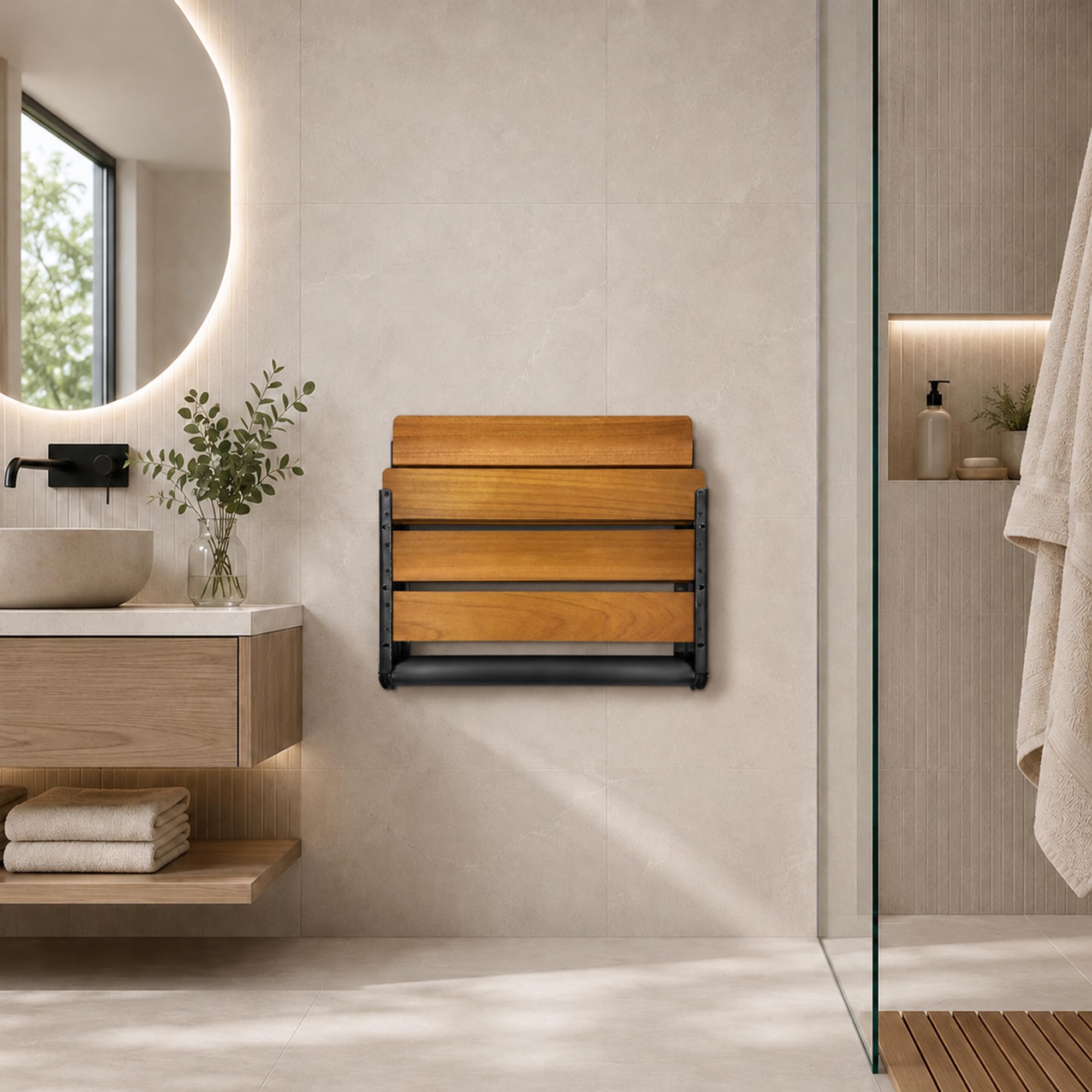 Bathla - Asiento de Ducha Plegable de Teca, Muebles de Seguridad de Acero Inoxidable, Asientos de Ducha para Ancianos, Asiento de Ducha Plegable, Color Negro