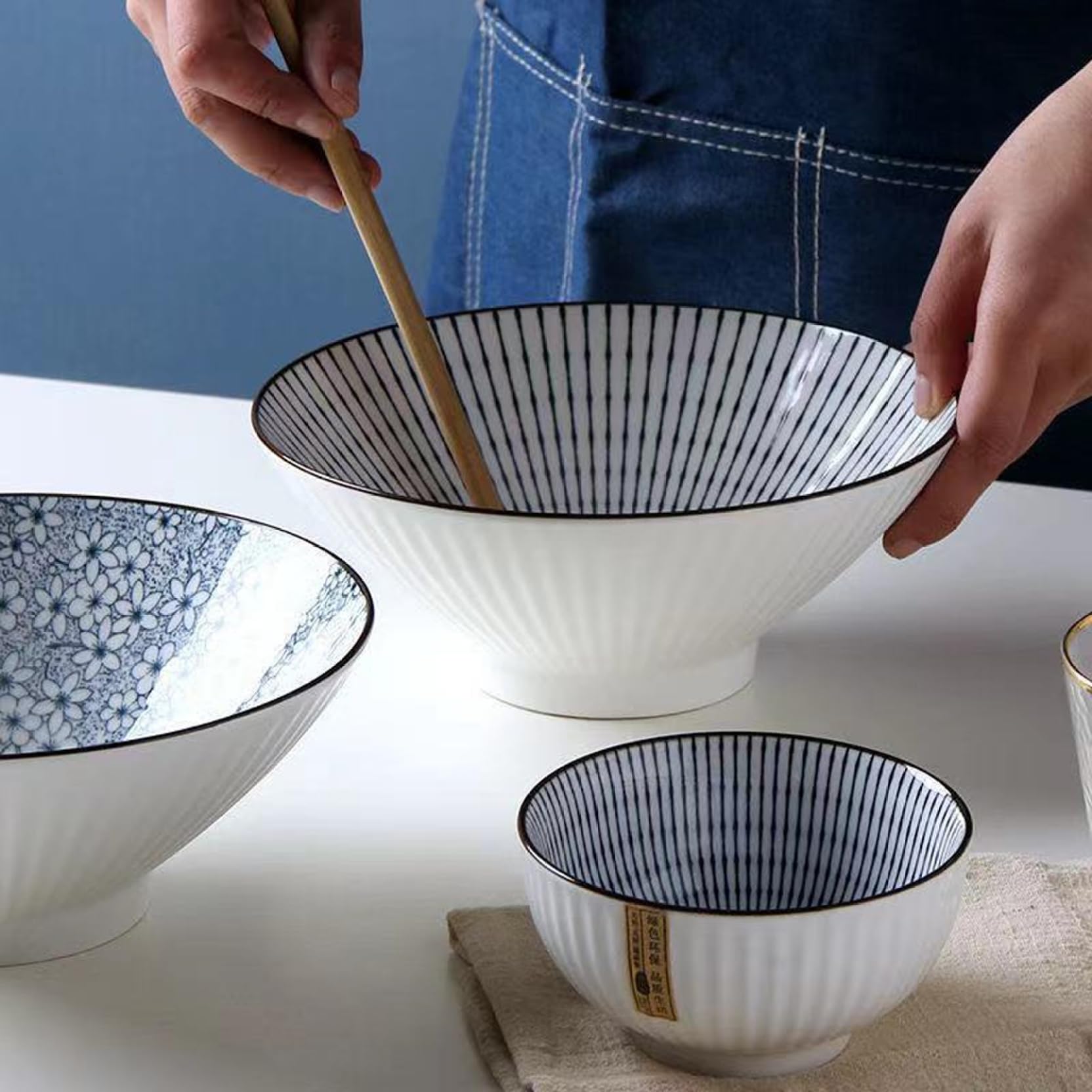 Bols à ramen japonais, lot de 4 bols en céramique de 20 cm, grands polyvalents pour nouilles ramen, rétro japonais pour céréales, soupes et nouilles