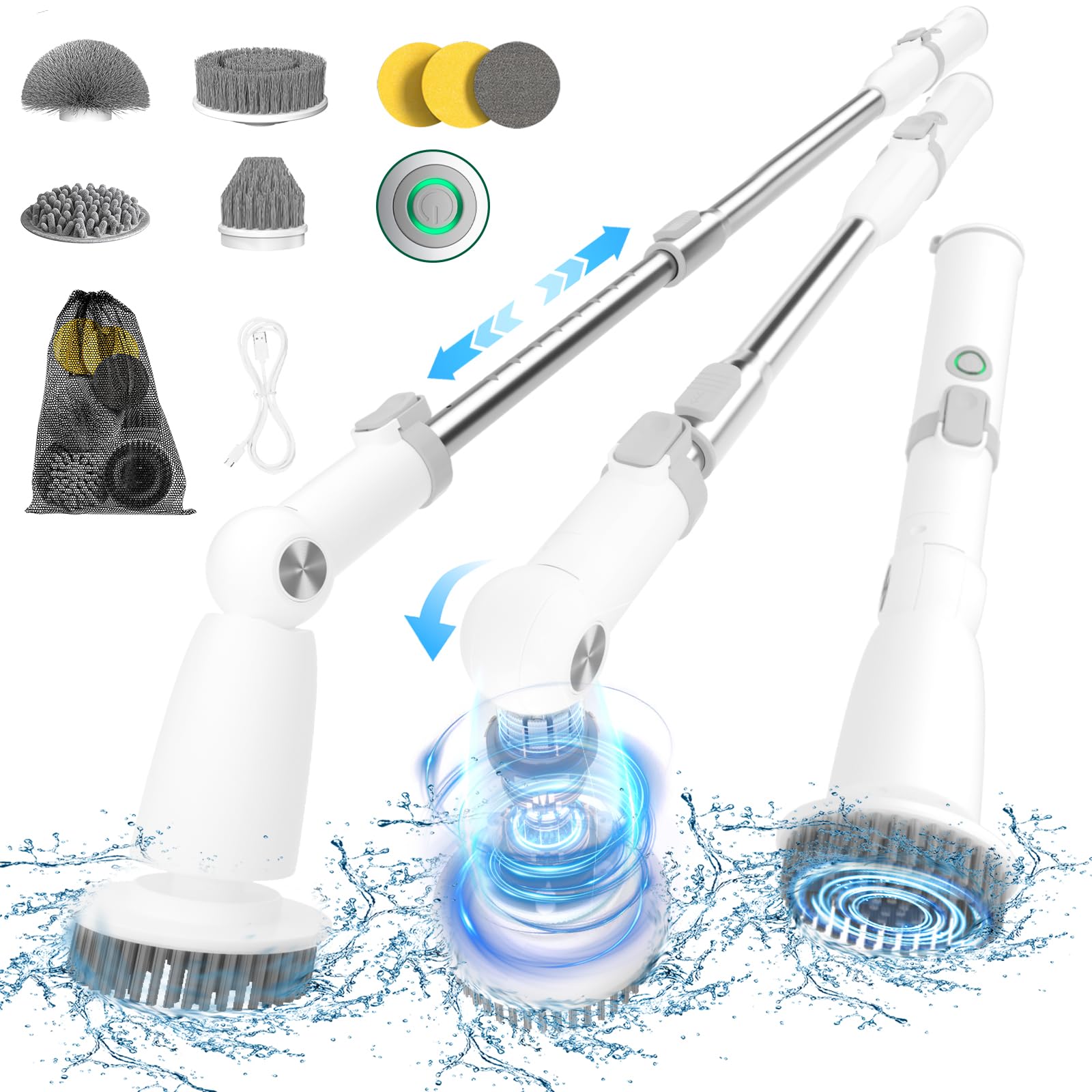 Marchpower Electric Spin Scrubber Power Shower Scrubber Cordless Cleaning Brush 6 Replaceable Brush Heads 2 Speeds Adjustable Detachable