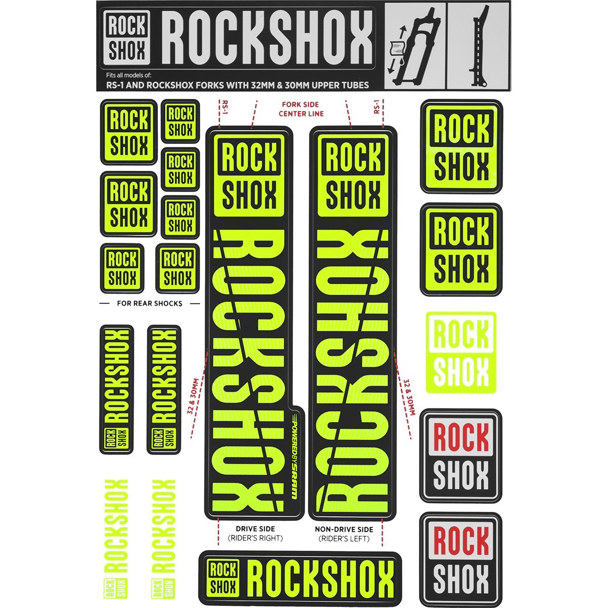 RockShoxSpare - Front Suspension Decal Kit 30/32mm Ne01 Yellow My18 - Sid/Reba/Revelation(Pre 2018)/Sektor/Recon/Xc32/30G/30S/Xc30: Black 30/32mm