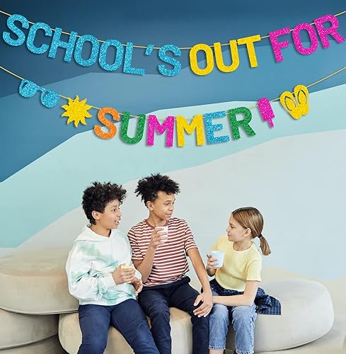 Miniatura 6 de JOZON Cartel colorido y brillante de la escuela para el verano con gafas de sol de paletas de sol, letreros de fin de año escolar, pancarta de