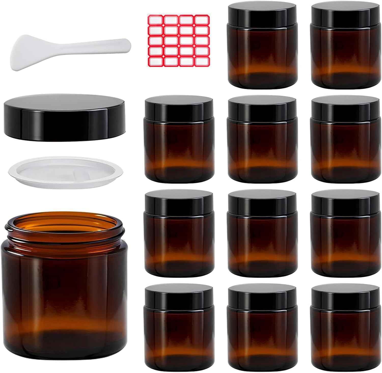 12 Pack 4 oz Amber Glass Jars with Inner Lids and Black Lids, Leakproof Round Airtight, for homemade cosmetics, salves, balms, candles, spices, essential oils, body butter, moisturizers, face masks