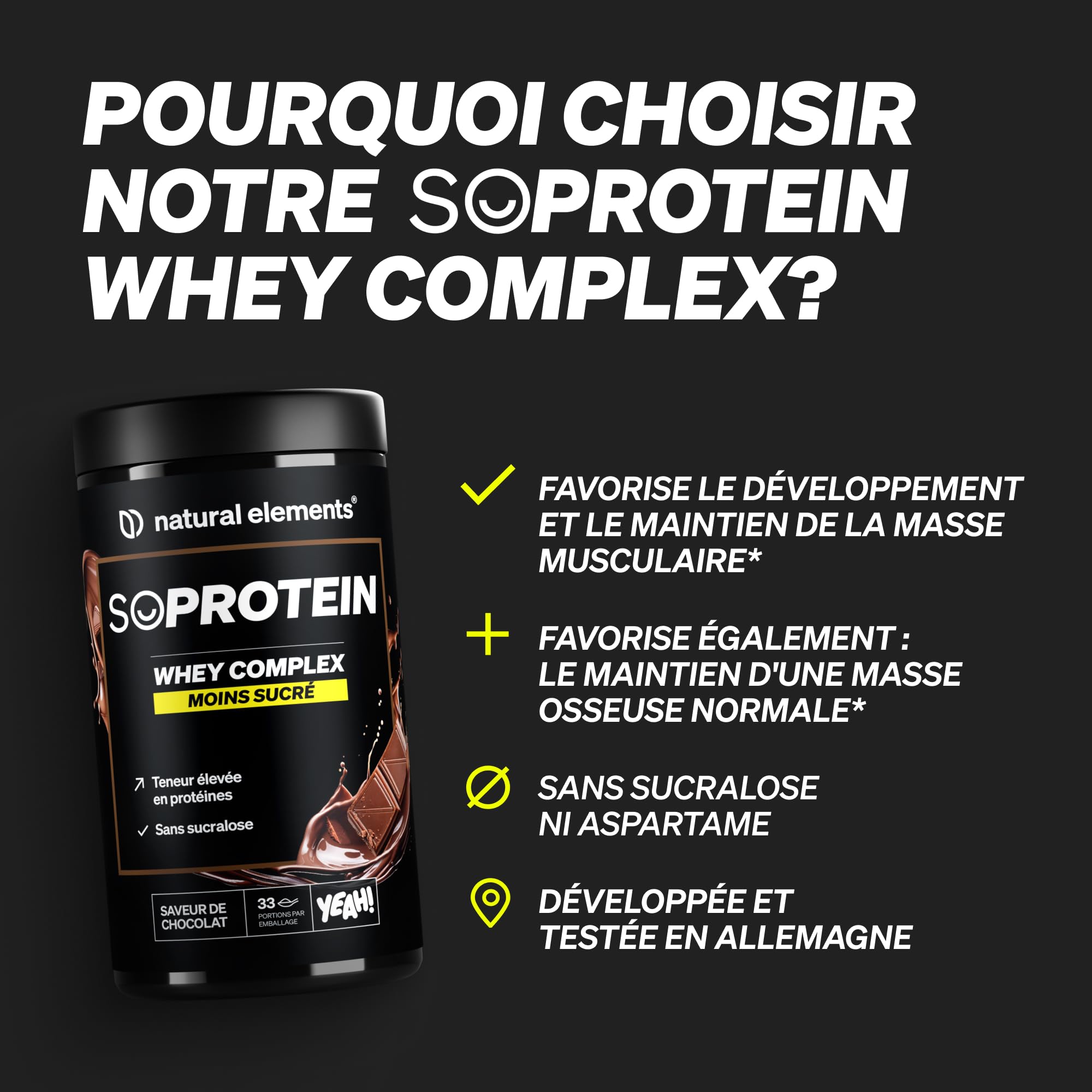 natural elements Whey Protéine Chocolat – 23g Protéines/Portion – Faible en Sucre – Riche en BCAA – Favorise Croissance & Récupération Musculaire – Mélange Facile pour Shakes & Smoothies – 1kg