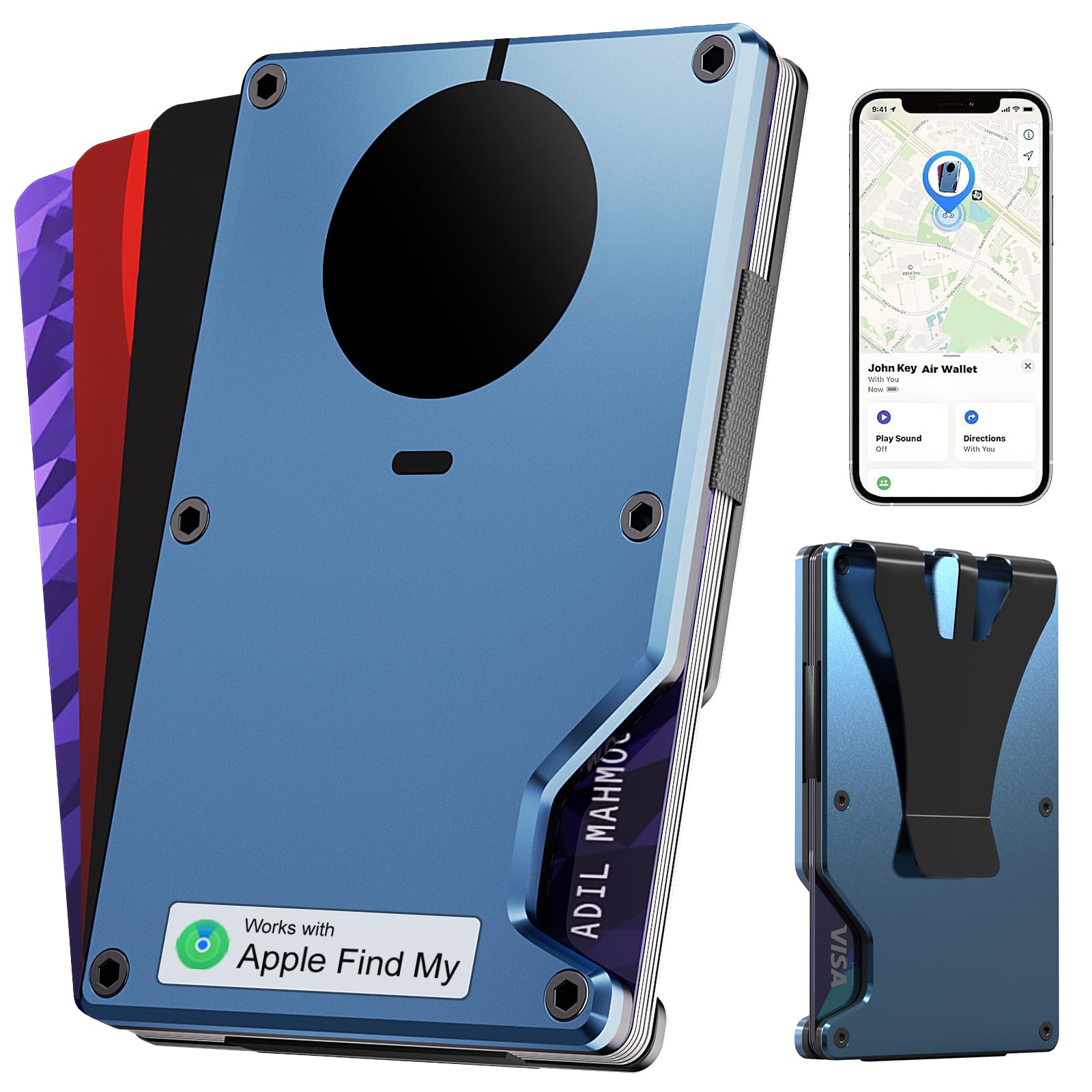 Air Wallet da uomo: chip Airtag integrato e trova il mio portafoglio sottile compatibile, porta carte di credito minimalista con clip rimovibile per banconote, portafoglio antifurto, Blu