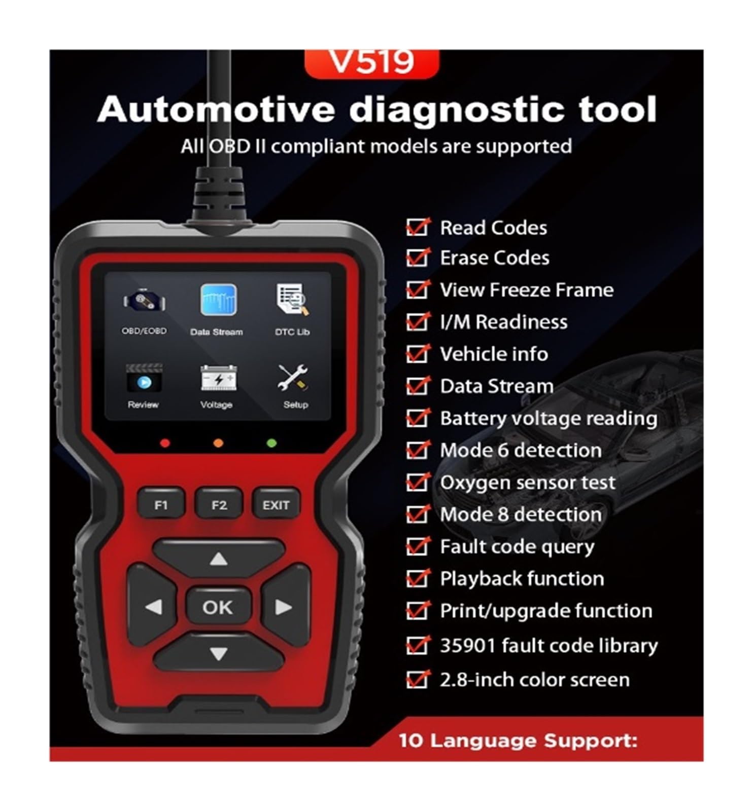 Skaner OBD2 Dane na żywo Profesjonalny mechanik Narzędzie do odczytu kodów diagnostycznych OBDII sprawdzania napięcia akumulatora za pomocą kontrolki Check Engine,Przyjazny dla użytkownika