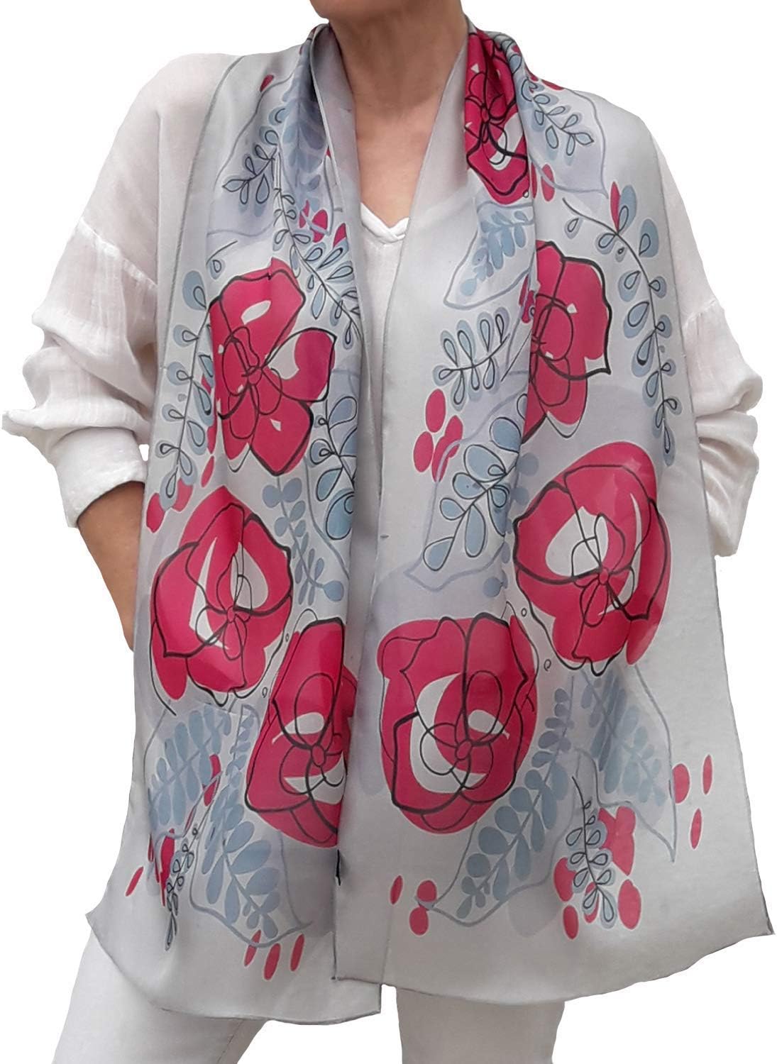 Long Silk Scarf, Artistic Hand Painted and Printed in Blue and Pink, Floral Chiffon Shawl, Designer Lightweight Scarves for Women Dress, Fashion Birthday Gift for Her - Image 4