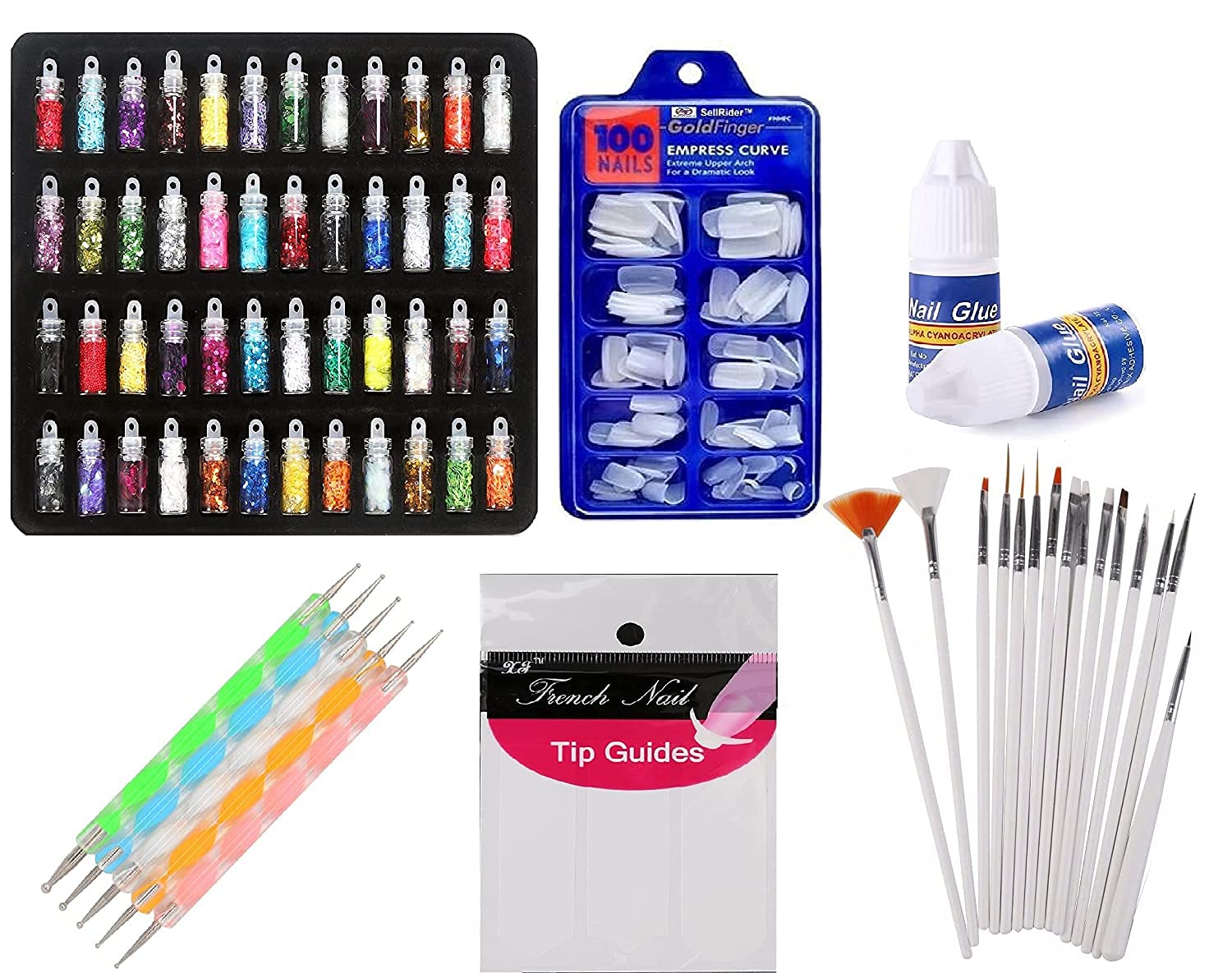 ALVRIO Nail Art kit 48 Glass Bottles Glitter Stones 100 Nails 10 Nail Tipping Guide 15 Brush 5 Dotting with Glue (Nail Art Kit)