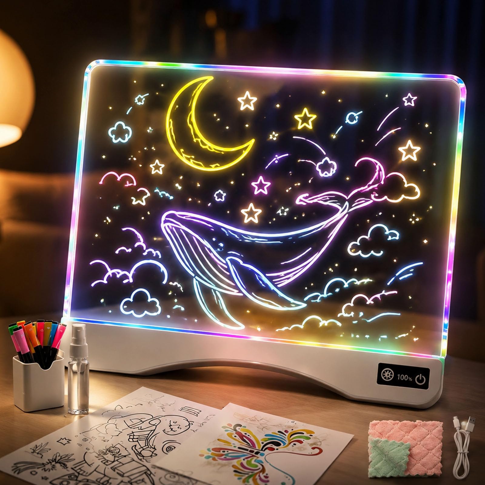 LED Zeichenbrett für Kinder Kabellos mit 12 Farbmarkern 9 Farben Dimmbar