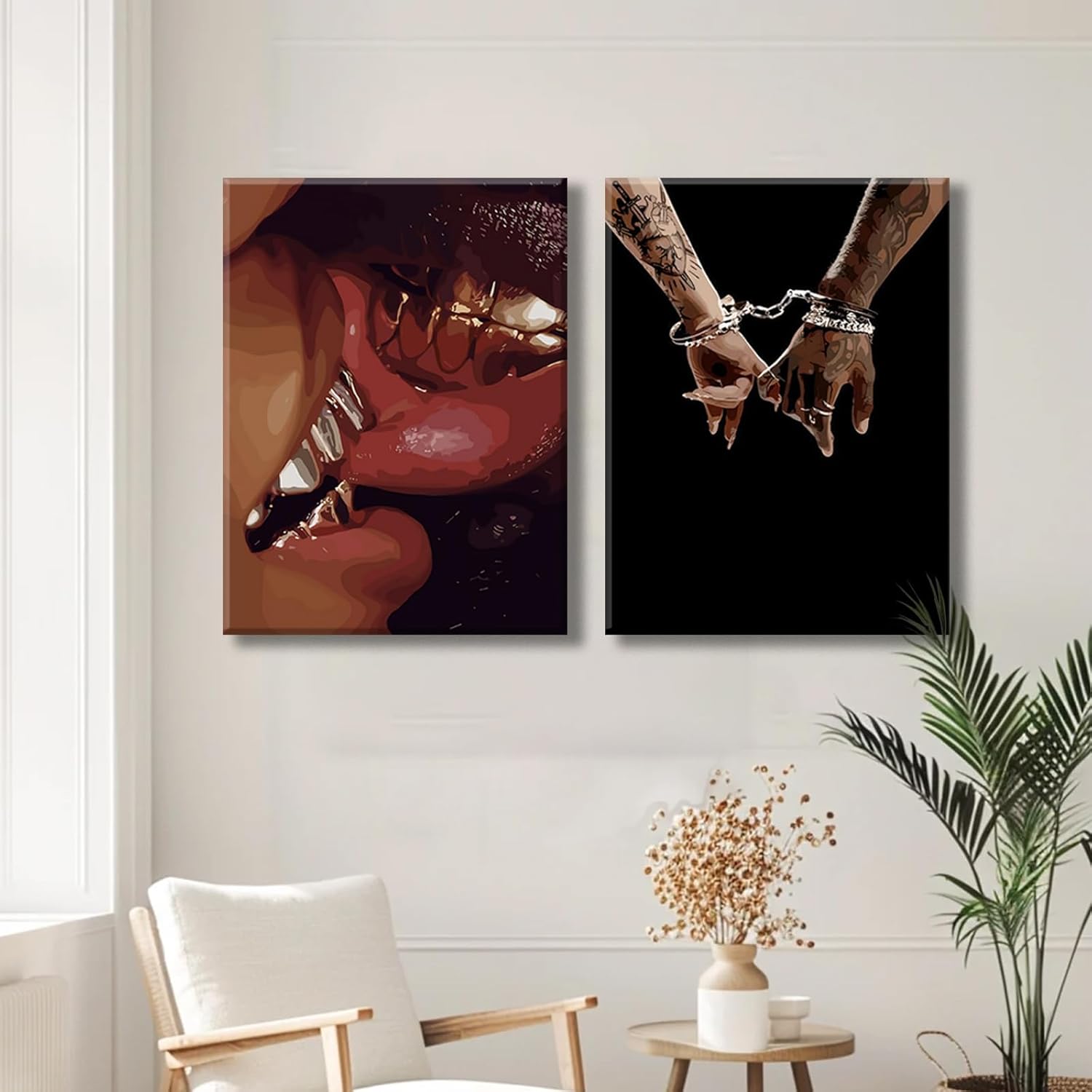 Framed 2pcs Black Couple Canvas Wall Art African American Man and Woman Poster Kiss Holding Hands Picture Print Wedding Gift Bedroom Living Room Studio Bar Ready to Hang 12x16 Inch