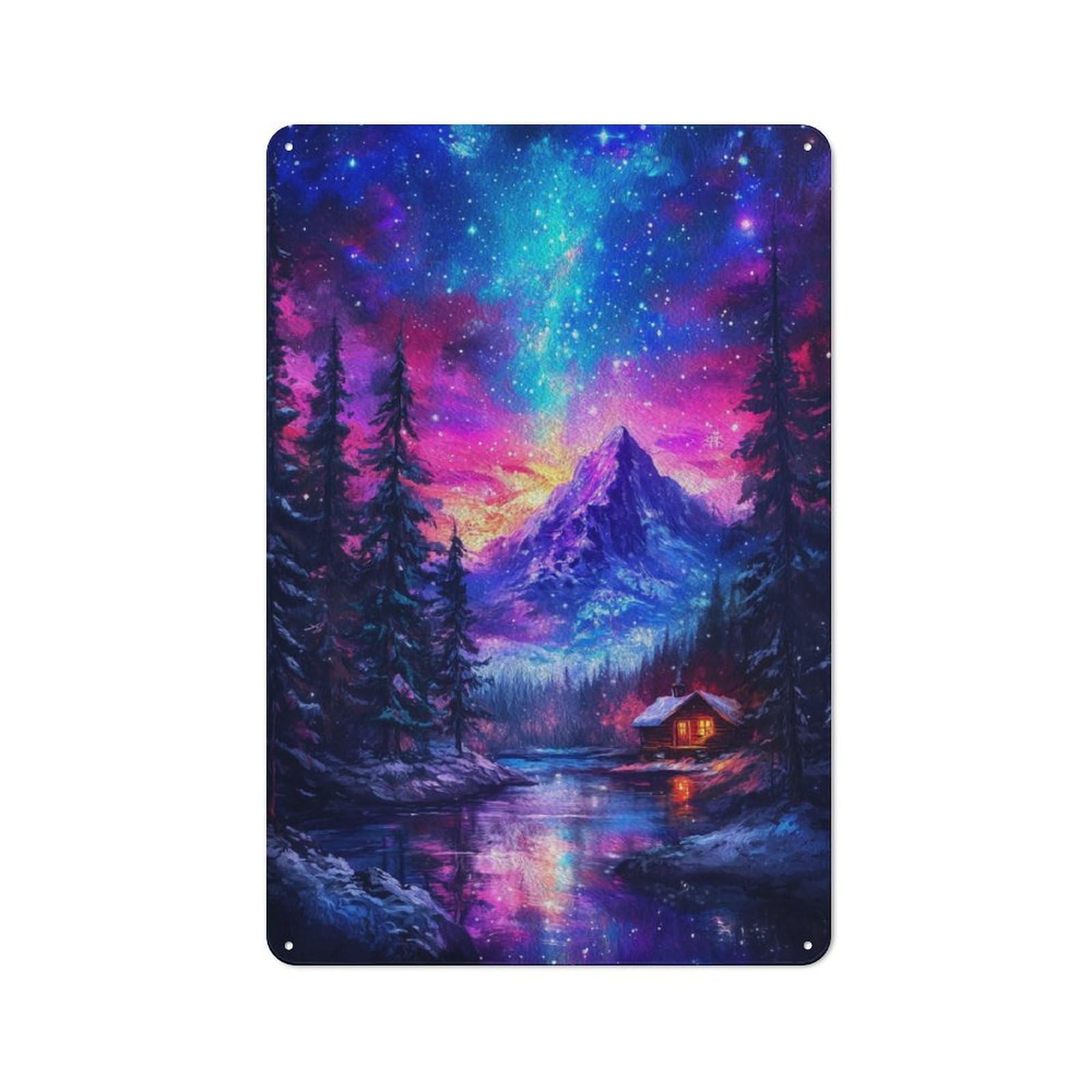 Cabin Under Starry Sky Retro Metal Wall Decor 30x20cm, Metal Sign for Pub, Home Bar, Shed Or Man Cave, for Relaxed Wall Styling