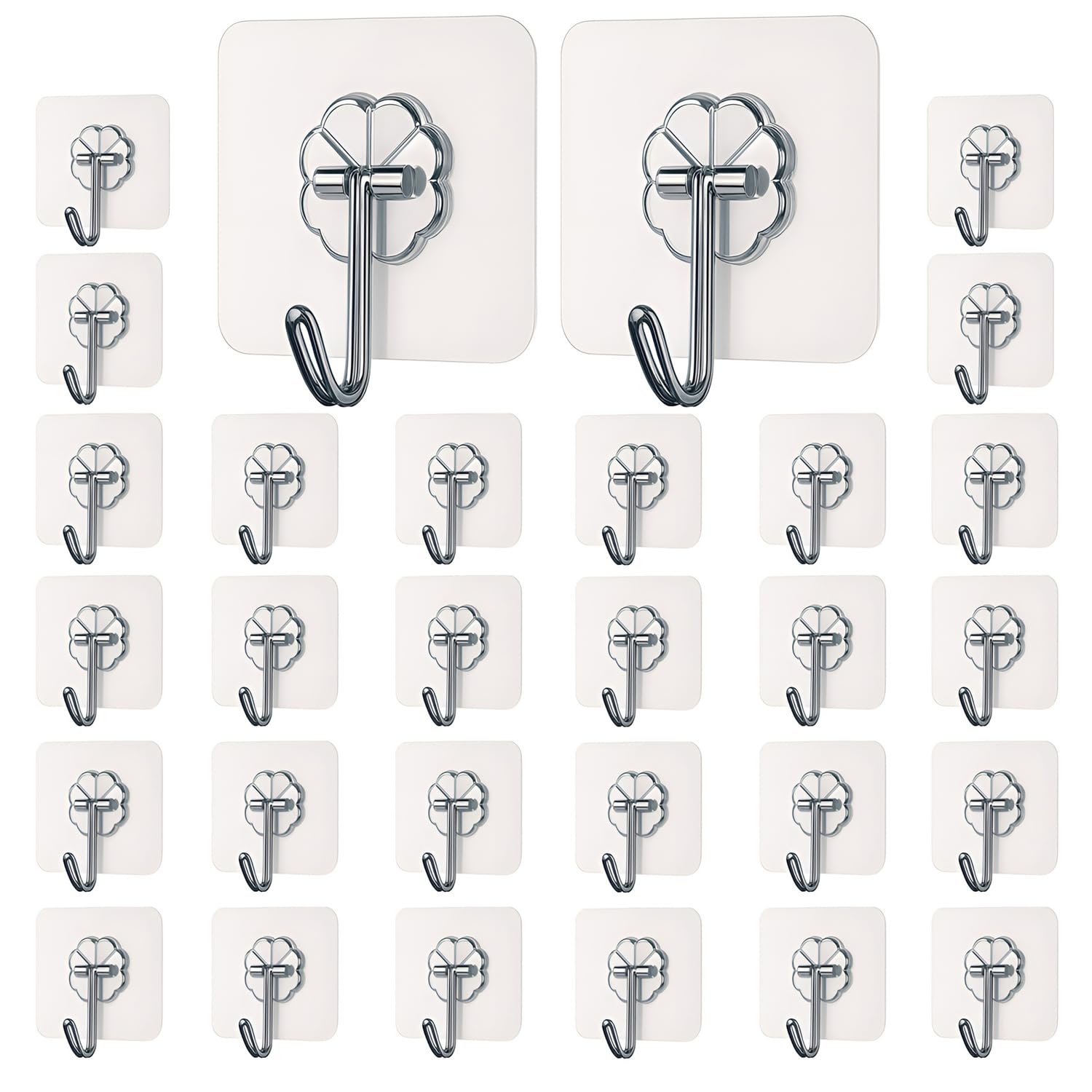 DALUCI Self Adhesive Wall Hooks for Hanging - 30 Pcs Heavy Duty Wall Hanger Hooks Without Drill | Transparent Nail Free Sticky Hooks for Wall Heavy Items, Bathroom, Kitchen (Flower Hook, 30)