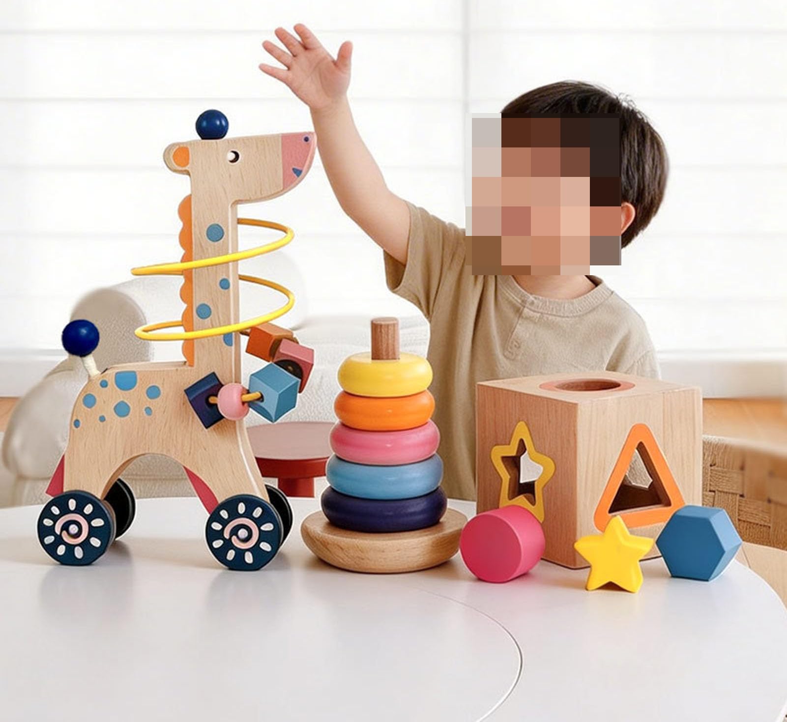 Labirinto di Perline in Legno Montessori, Impilatore ad Anelli e Cubo Porta Forme