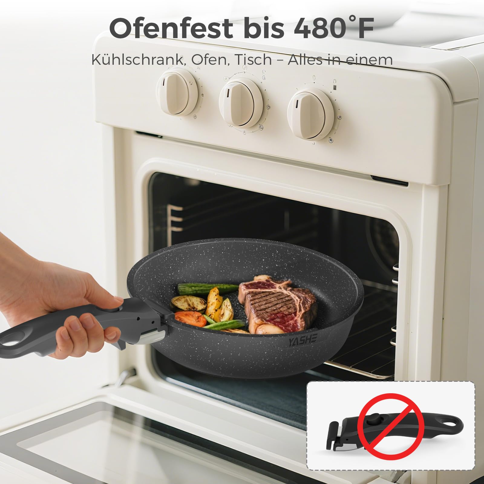 YASHE 9-teiliges Topf und Pfannenset, Antihaft-Kochgeschirr set,stapelbares TöPfe Set, Für Alle Herdarten, Abnehmbarer Griff, Ofenfest, Stapelbar Platzsparend, Schwarz, Grau