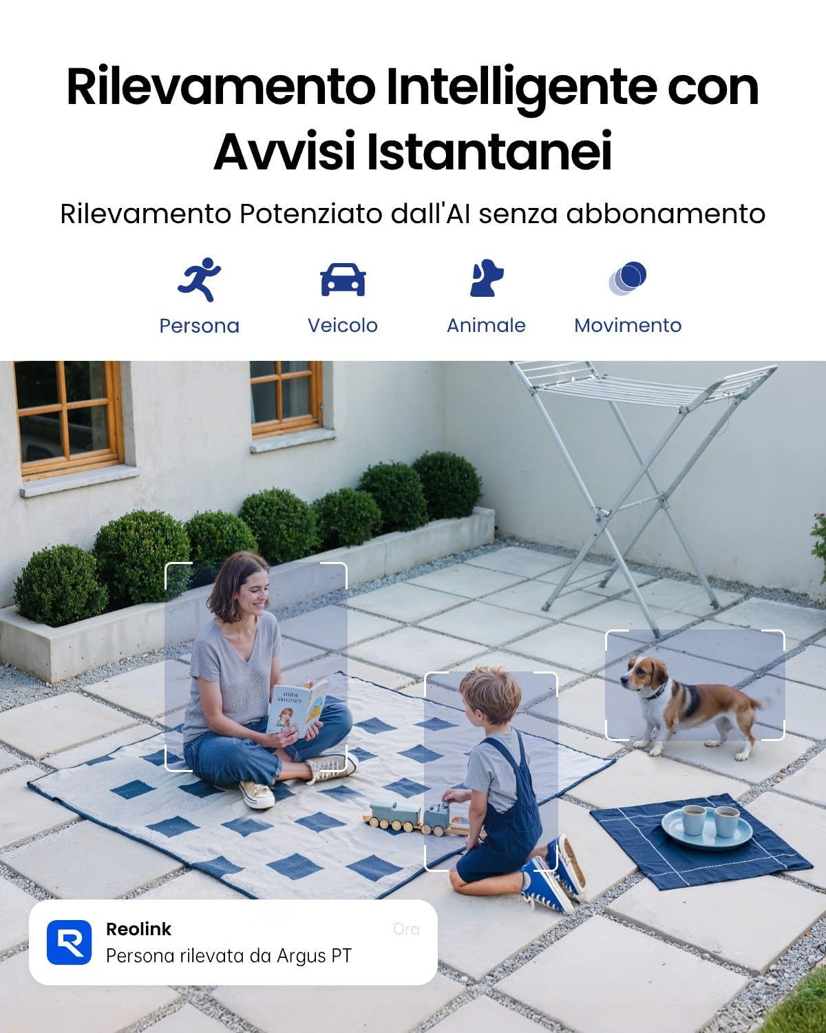 Reolink 5MP Telecamera WiFi Esterno Senza Fili a Batteria, 360° PTZ Videosorveglianza WiFi 2,4/5 GHz, Rilevamento Smart, Audio a 2 Vie, Compatibile con Alexa/Cloud, Argus PT(Nero) con Pannello Solare