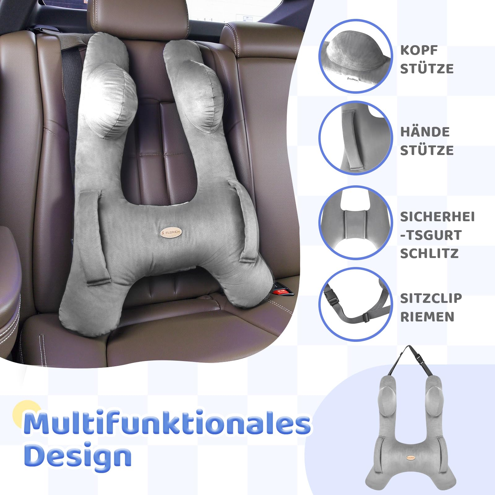 FLORICH Kinder Reisekissen, Schlafkissen Auto Kinder, Abnehmbares H förmiges Kissen Atmungsaktiv für Jungen und Mädchen und Erwachsene für Auto Urlaub (Dunkelgrau)