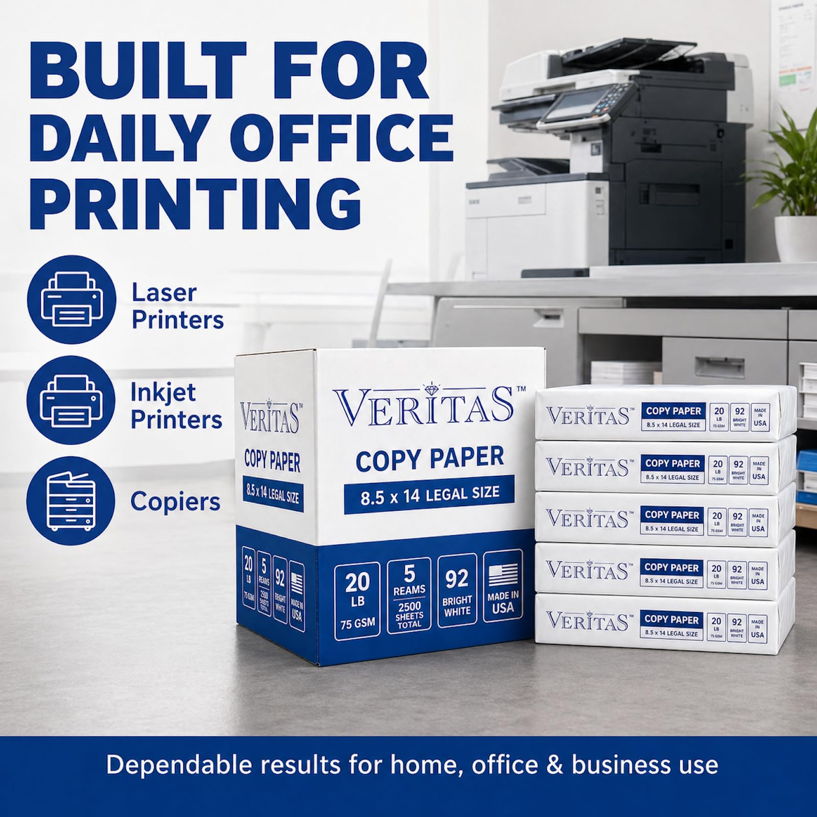 Veritas Kopierpapier, 8,5 x 14 cm, legale Größe, 5 Ries, 2500 Blatt insgesamt, 92 kg / 75 g/m², 92 hellweißes Mehrzweck-Druckerpapier für Büro, Geschäft, juristische Dokumente, Laser und Tintenstrahl