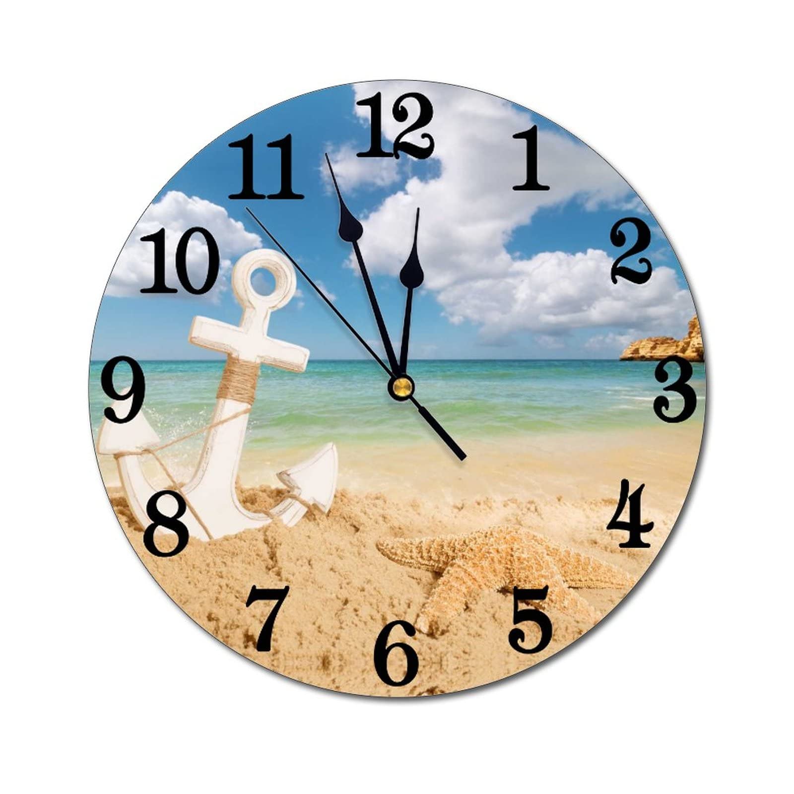Orologio da parete a forma di ancora, stella marina, spiaggia, funzionamento a batteria, silenzioso, rotondo, decorazione da parete per casa, ufficio, scuola, 30,5 cm