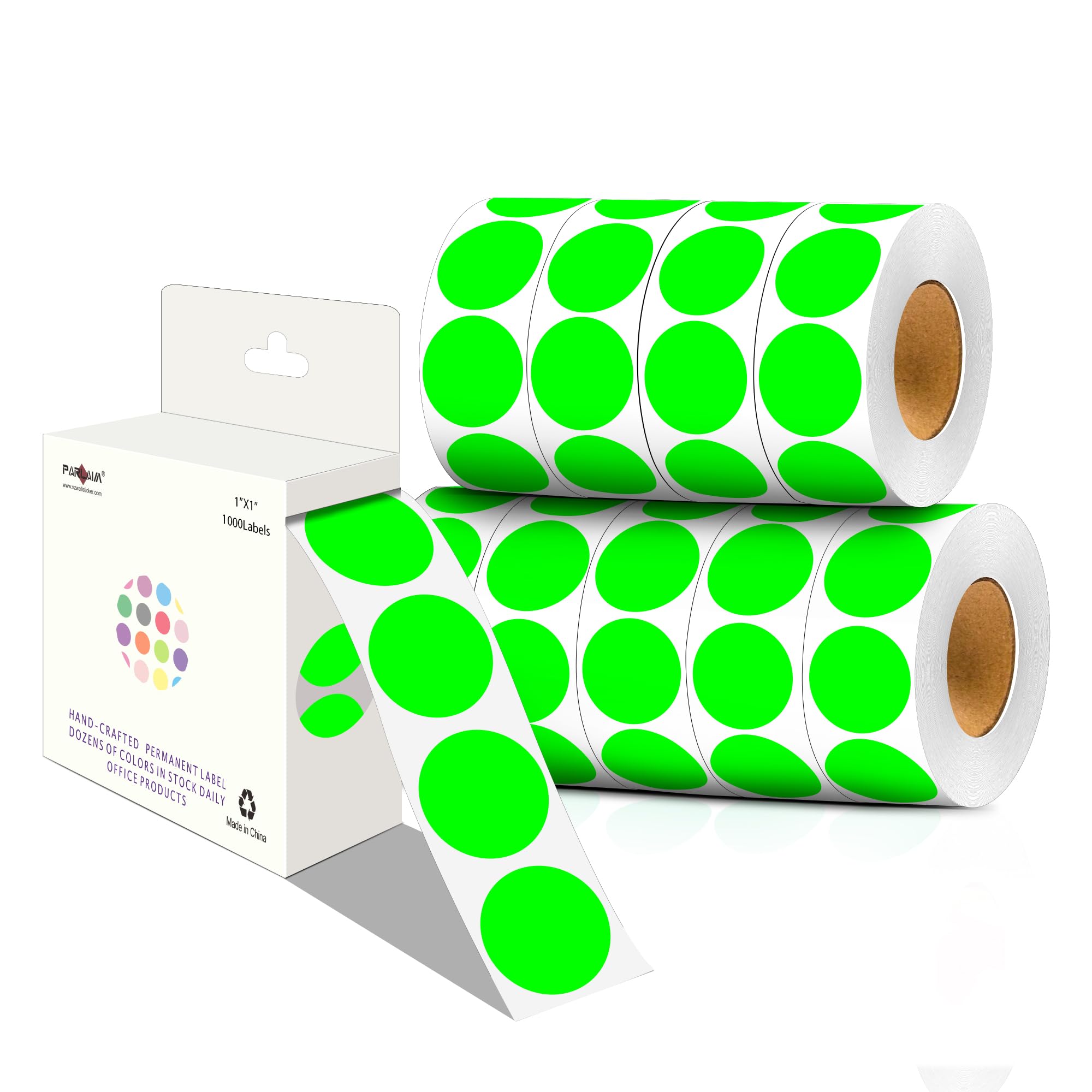 PARLAIM Lot de 10 rouleaux de 10 rouleaux de 10 rouleaux de 10 rouleaux à coder par couleur, boîte distributrice d'étiquettes, vert fluorescent, pour bureau et maison (vert fluo)