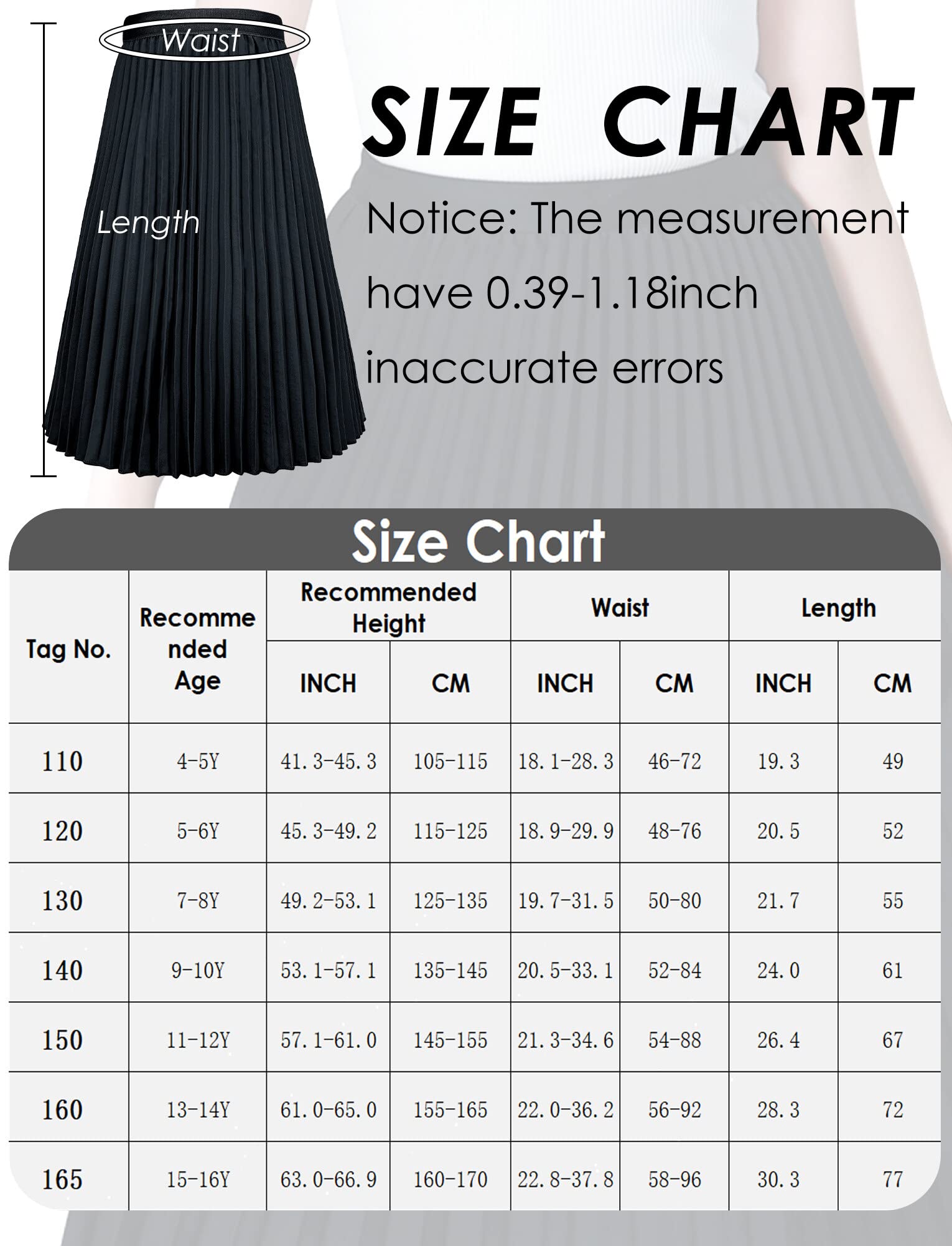 Maeau Jupe Plissée en Mousseline de Soie pour Fille, Jupe Taille Élastique A-Line Oscillante, Jupe Midi Élégante à Doublure Souple, 4-16 Ans/105-170cm