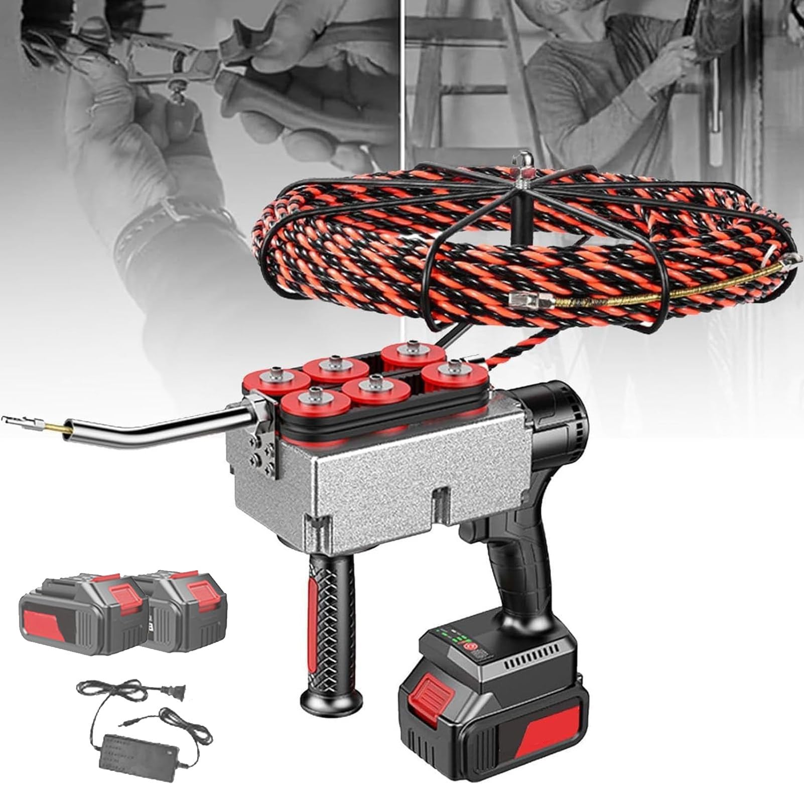 Pnpaea Automatic Wire Stringing Machine, Wire Cable Puller, 40m/Min Cordless Electric Stringing Wire Puller, for Construction Hydropower 15MeterLeadWire-2batteris(10cells)