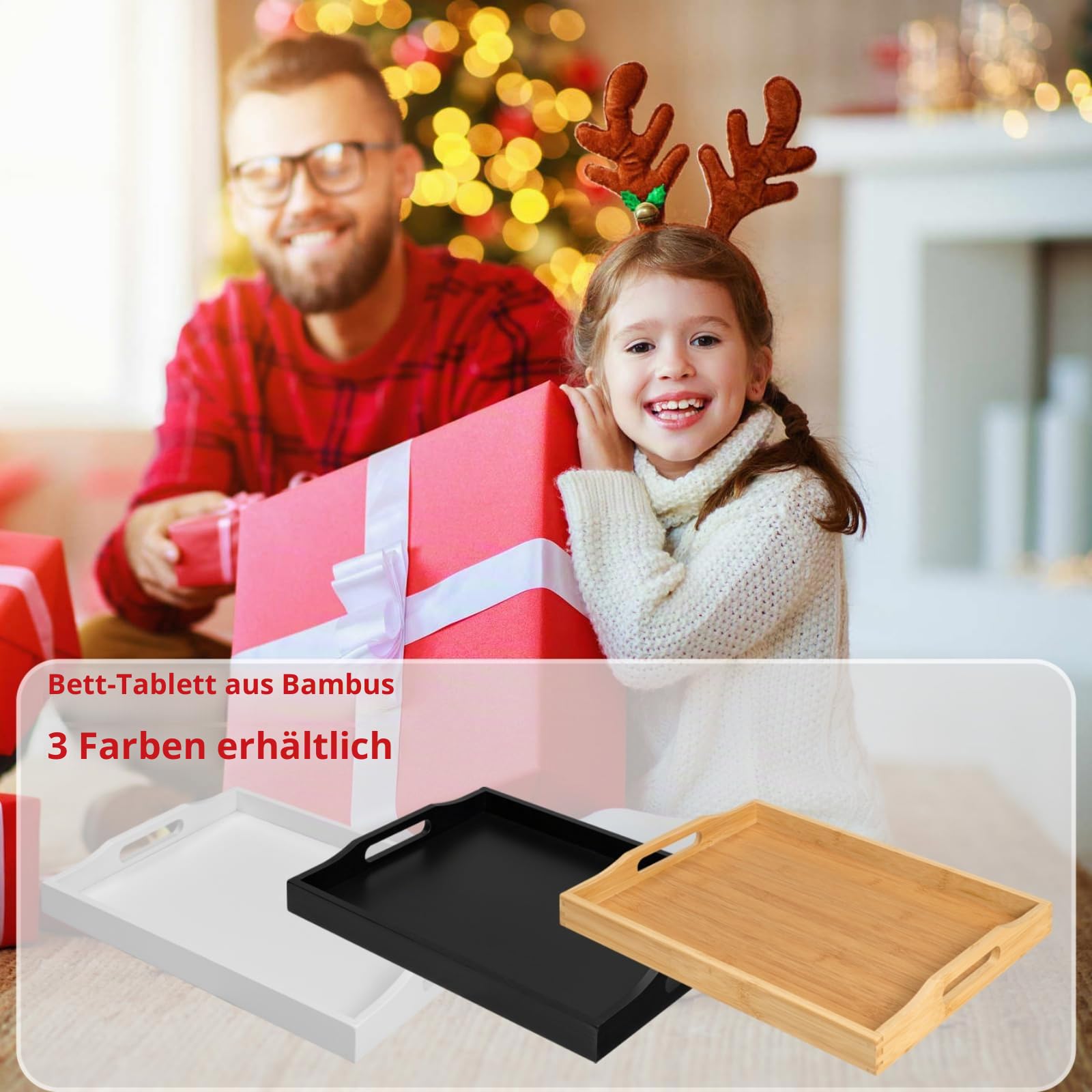 RRX Bambus-Serviertablett mit Griffen, Betttablett für Lebensmittel (Beige) | Holzschale für Tee, Snack, Abendessen, Home Dekorative Lagerung Lebensmittel, Teller,Ottoman für Küchenteller, Badezimmer
