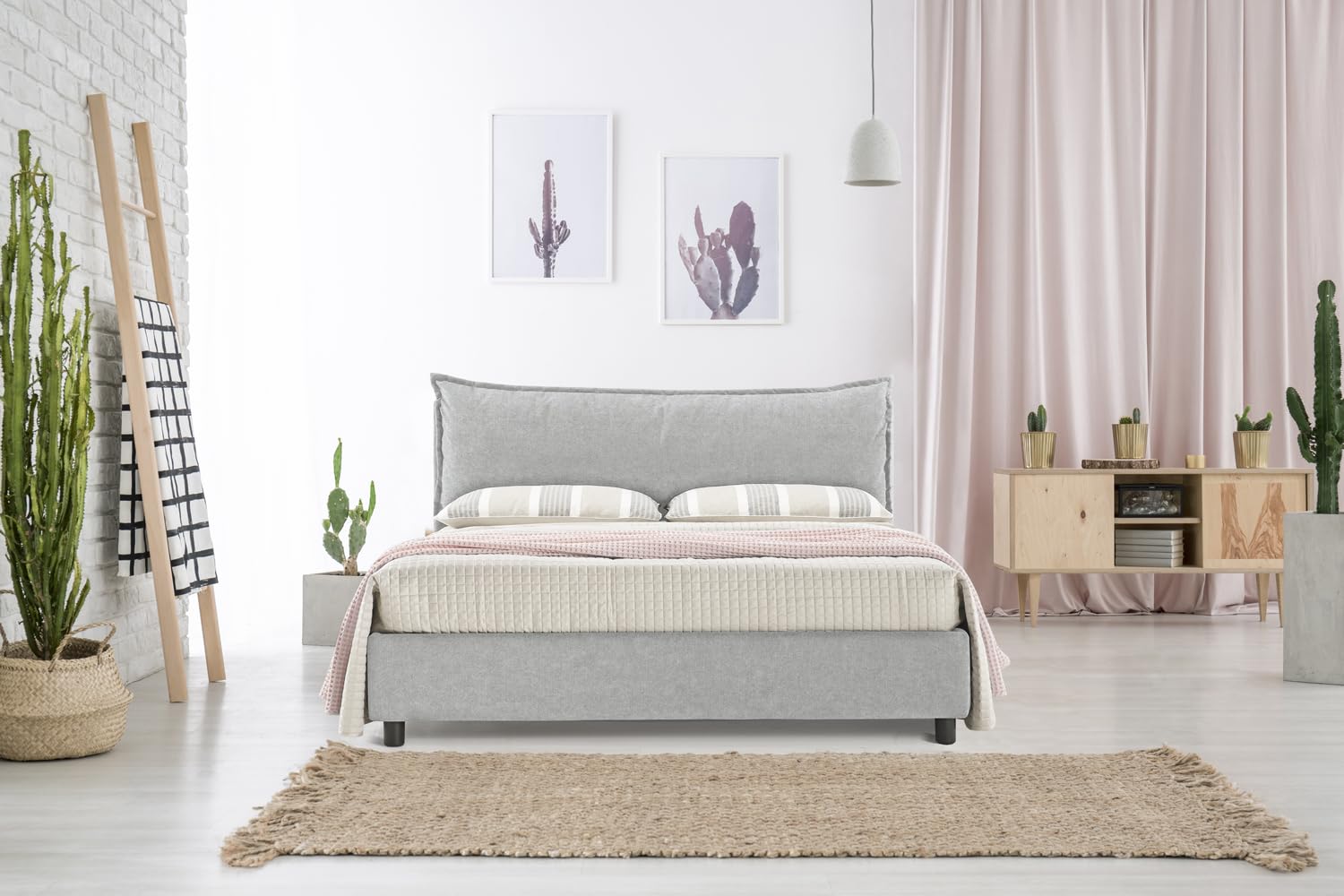EVERGREENWEB Letto Matrimoniale con Contenitore 160x195 cm Elegante Struttura Letto Imbottita, Rete a doghe in Legno Inclusa, Moderna Testiera Rivestimento SFODERABILE Tessuto Grigio Chiaro Mod. ARLES