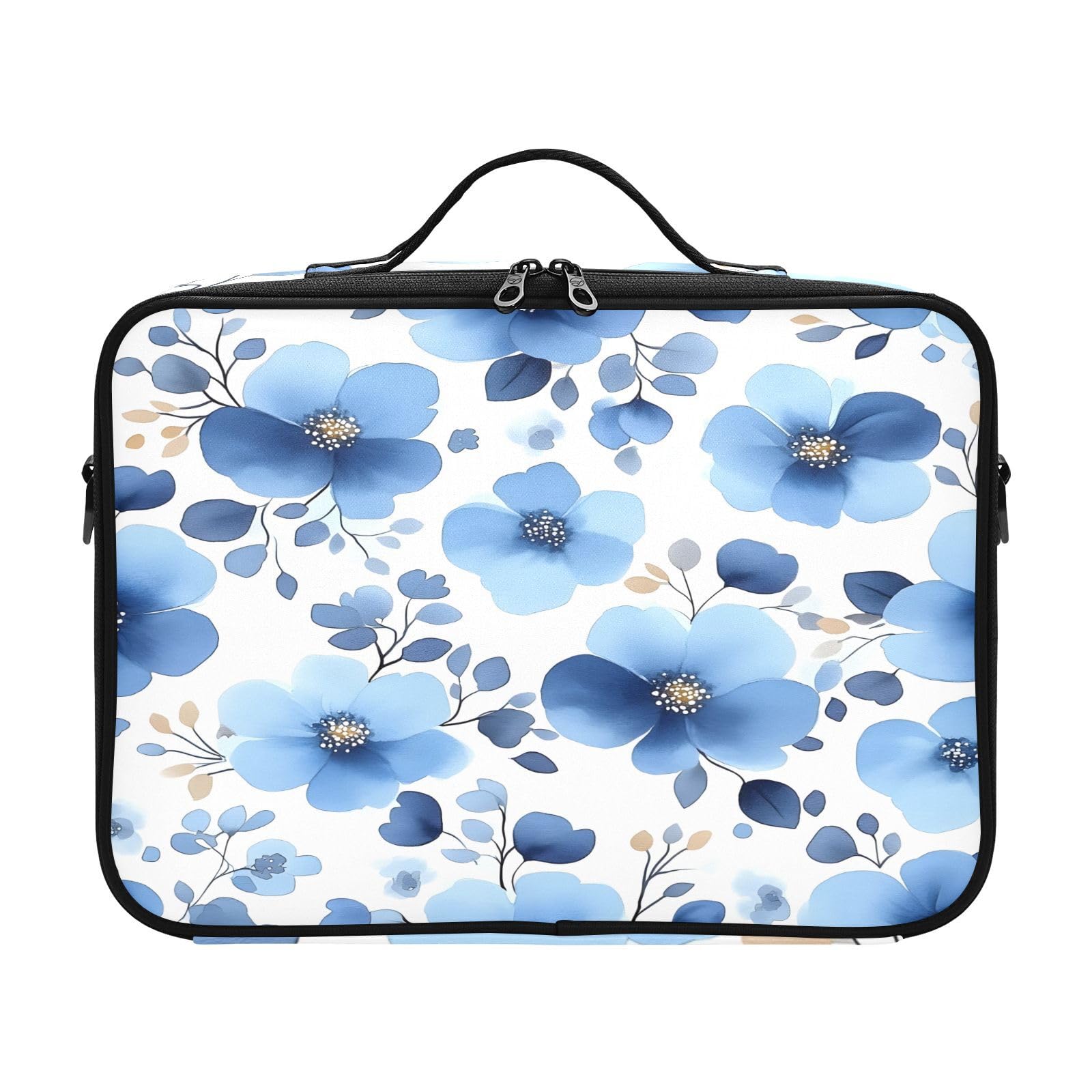 zyrtty Travel Makeup Train Case Blue Flower Leaves White Pattern Cosmetic Organizer Portable Storage Bag with Adjustable Dividers for Cosmetics Brushes Toiletry Jewelry Digital Accessories