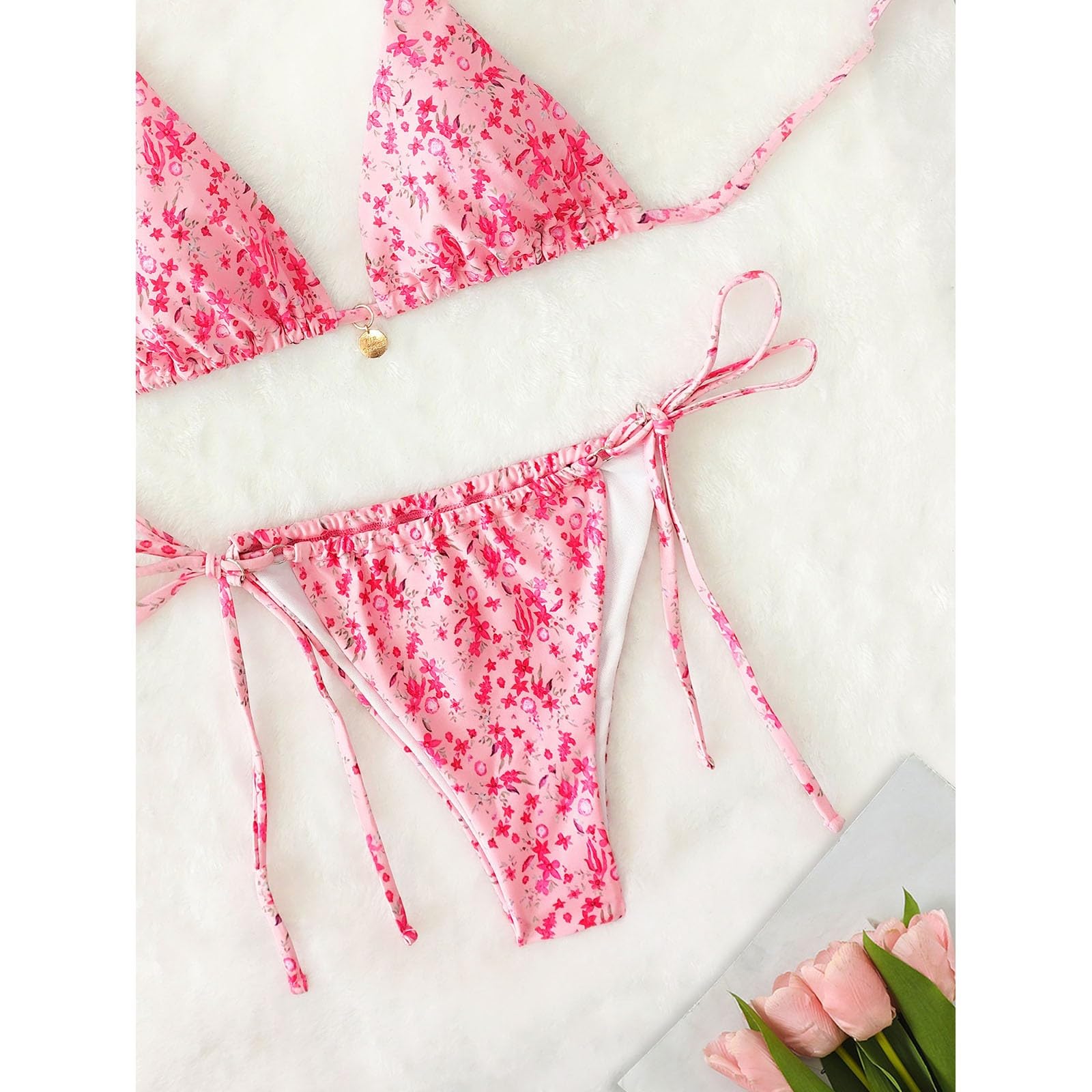 Bikini Conjunto De for Mujer Traje Baño Dos Piezas con Cuello Halter Triángulo Sexy Tanga Cordones Laterales, Rojo (Rojo Sandía), L