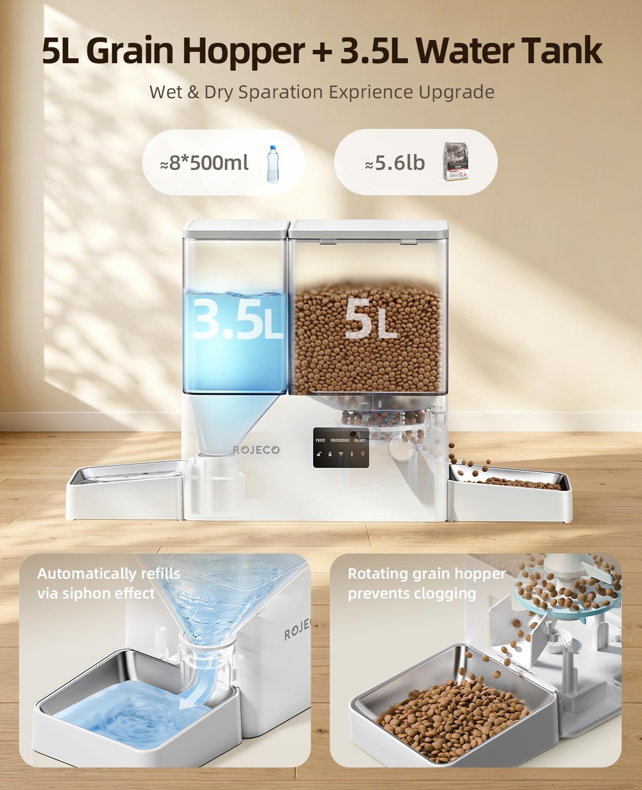 ROJECO 8,5L Comedero Gatos Automático y Fuente de Agua 2-en-1 con Cámara