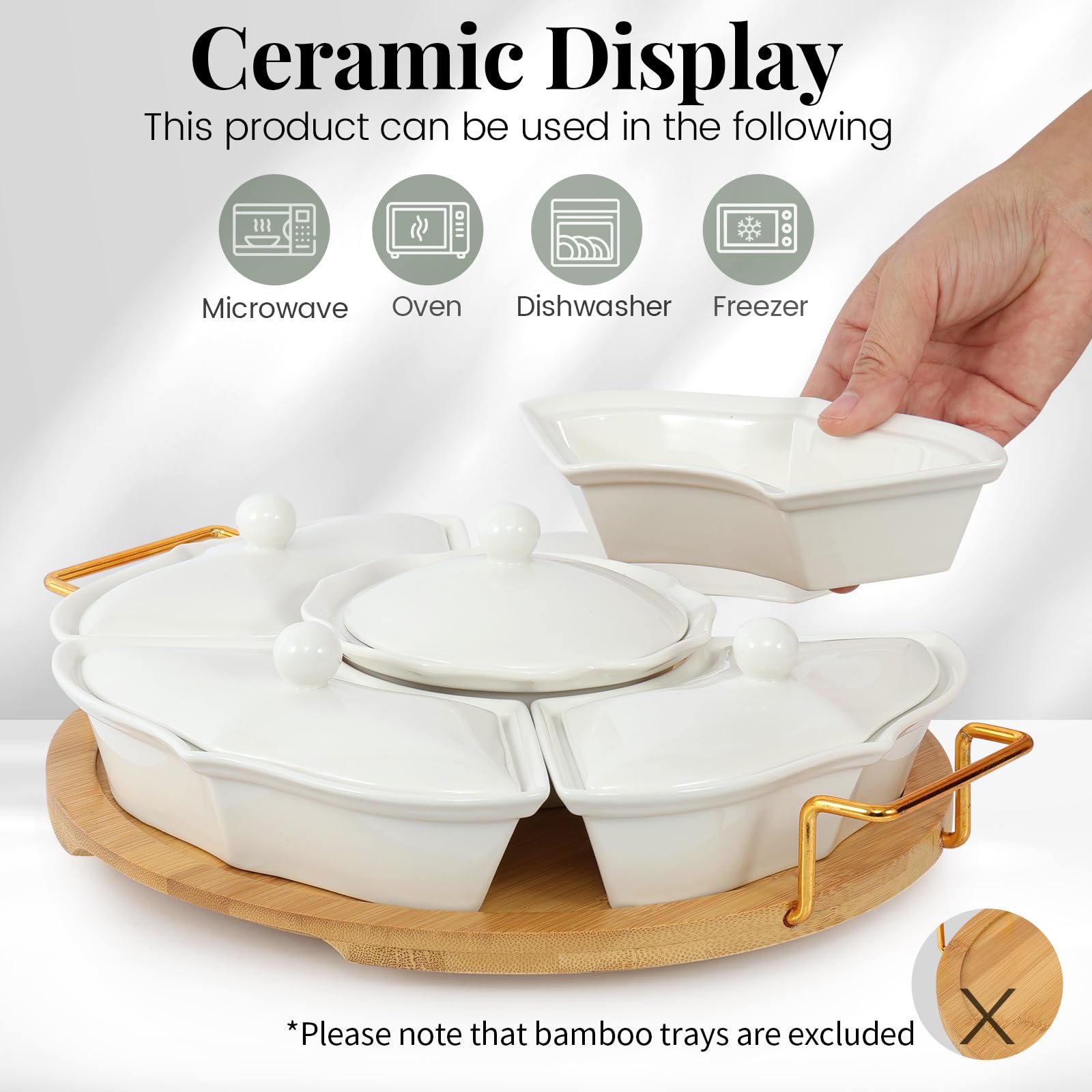 PLAPITATE Bandejas y platos para servir fiestas, bandeja de cerámica para servir Lazy Susan con secciones divididas, bandeja giratoria para servir aperitivos, para frutas, verduras, patatas fritas y