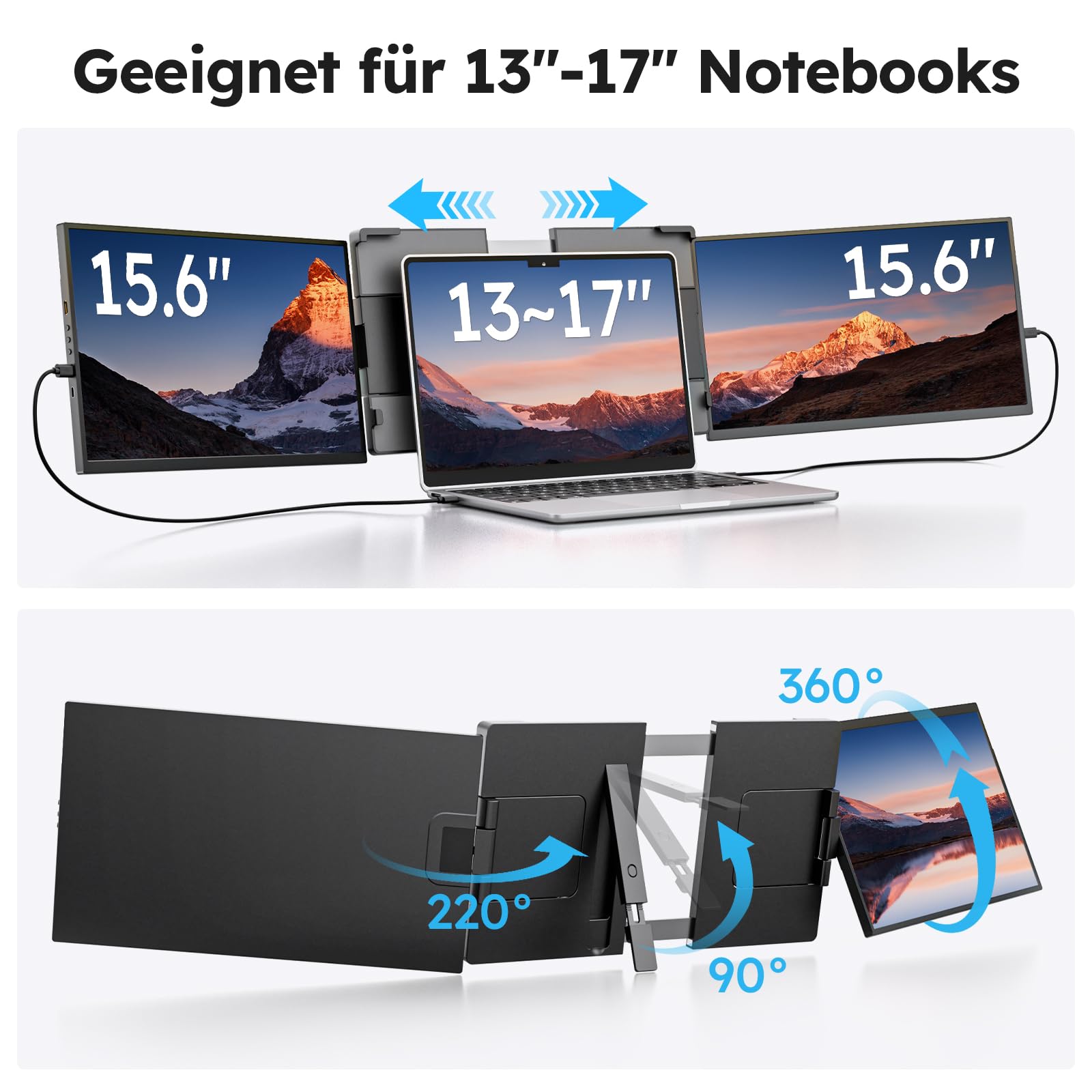 Laptop Screen Extender 15.6", 1080P Triple Laptop Bildschirm Erweiterung | 60Hz Triple Portable Laptop Monitor Erweiterung, mit USB-C/mini HDMI Plug-Play Kompatibel mit 13.3"-17" für Windows/Mac