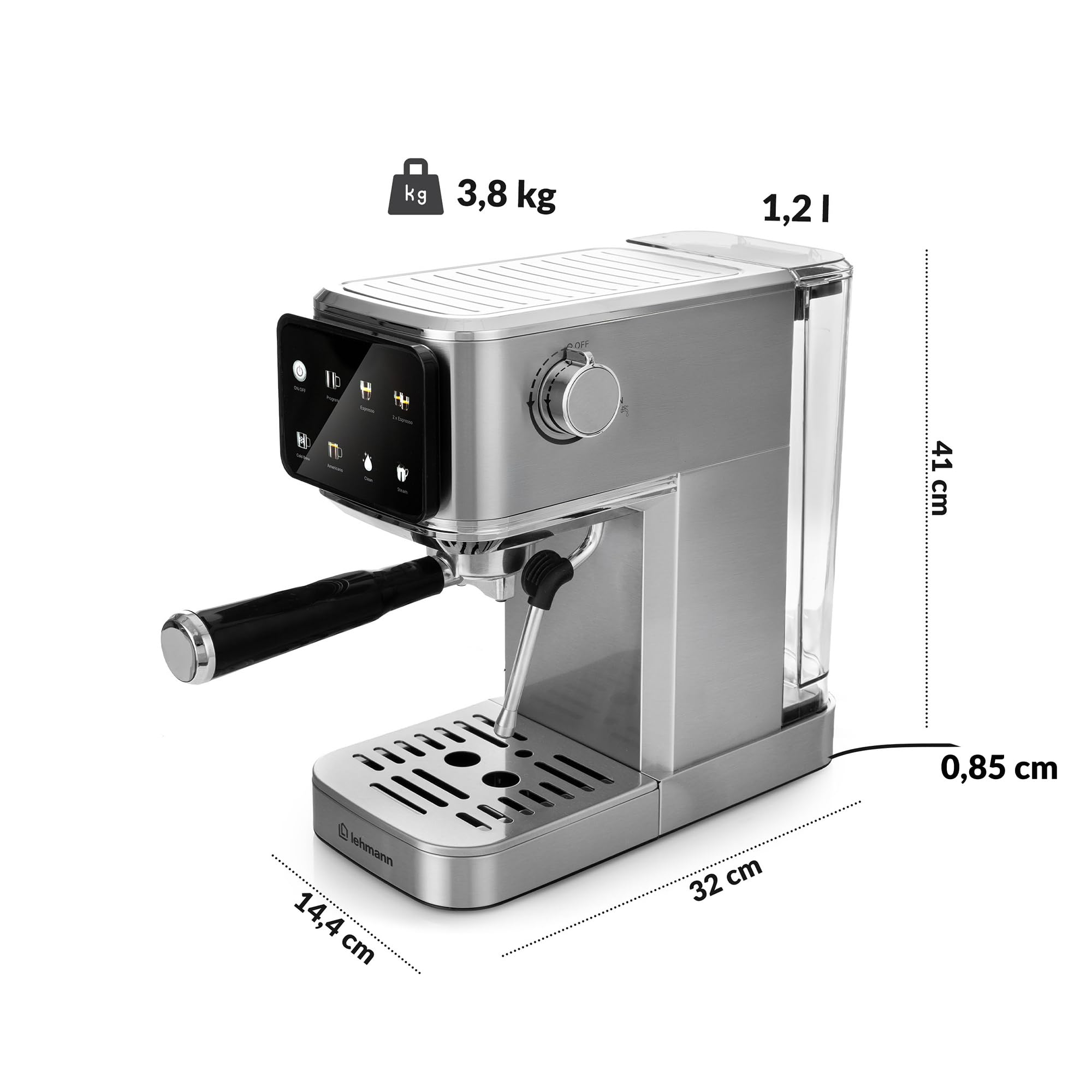 LEHMANN Bellagio Macchina Espresso 20 Bar con Montalatte | Per caffè macinato e capsule da 37 mm, display LCD touch, Cold Brew, Americano, serbatoio acqua 1,2 L