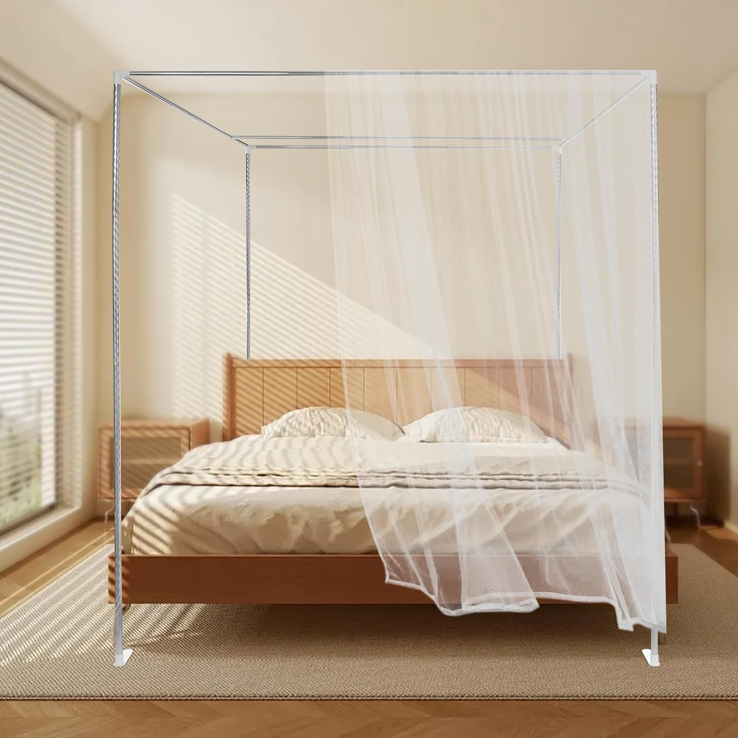 Canopy Bed Frame, Stainless Steel Canopy Bed Poles Net Frame Bracket Fit for Corner Bedroom, Freestanding Bed Curtains Decor, Rectangular (4.92 * 6.56 * 6.56ft)