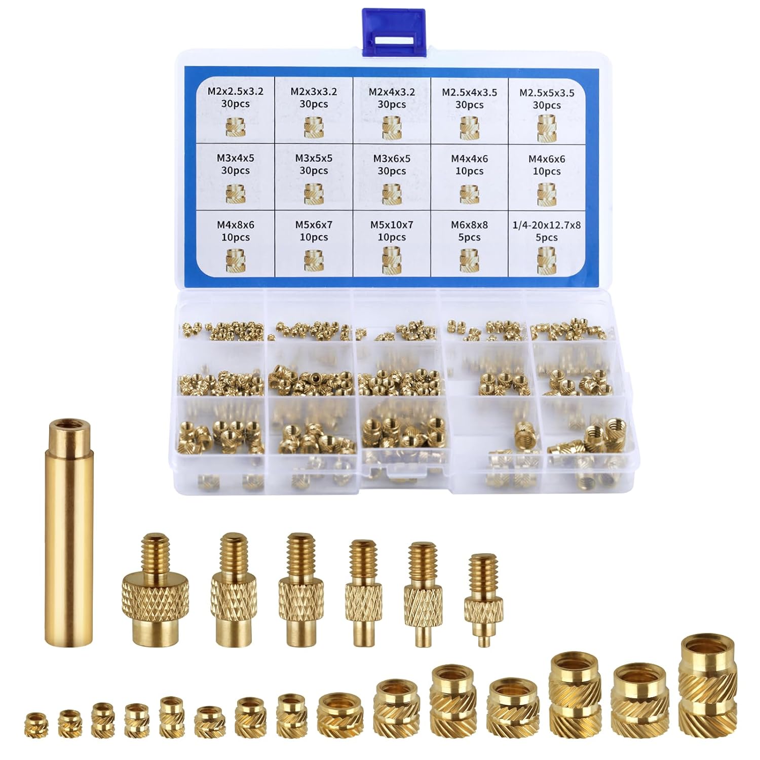 307pcs Threaded Inserts Assortment Kit, M2 M2.5 M3 M4 M5 M6 1/4-20 Metric knurled Nuts, Brass Heat Set Threaded Inserts with Welding Adapters for Plastic and 3D Printing Components