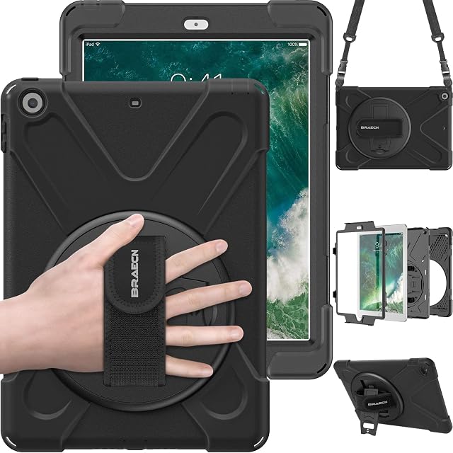 BRAECN Case for iPad Air 1st Generation 9.7 inchHeavy Duty Full-body Rugged Case with 360 Degree Swivel Stand/Hand Strap and Portable Shoulder Strap for iPad Air 2013(Model:A1474 A1475 A1476) -Black