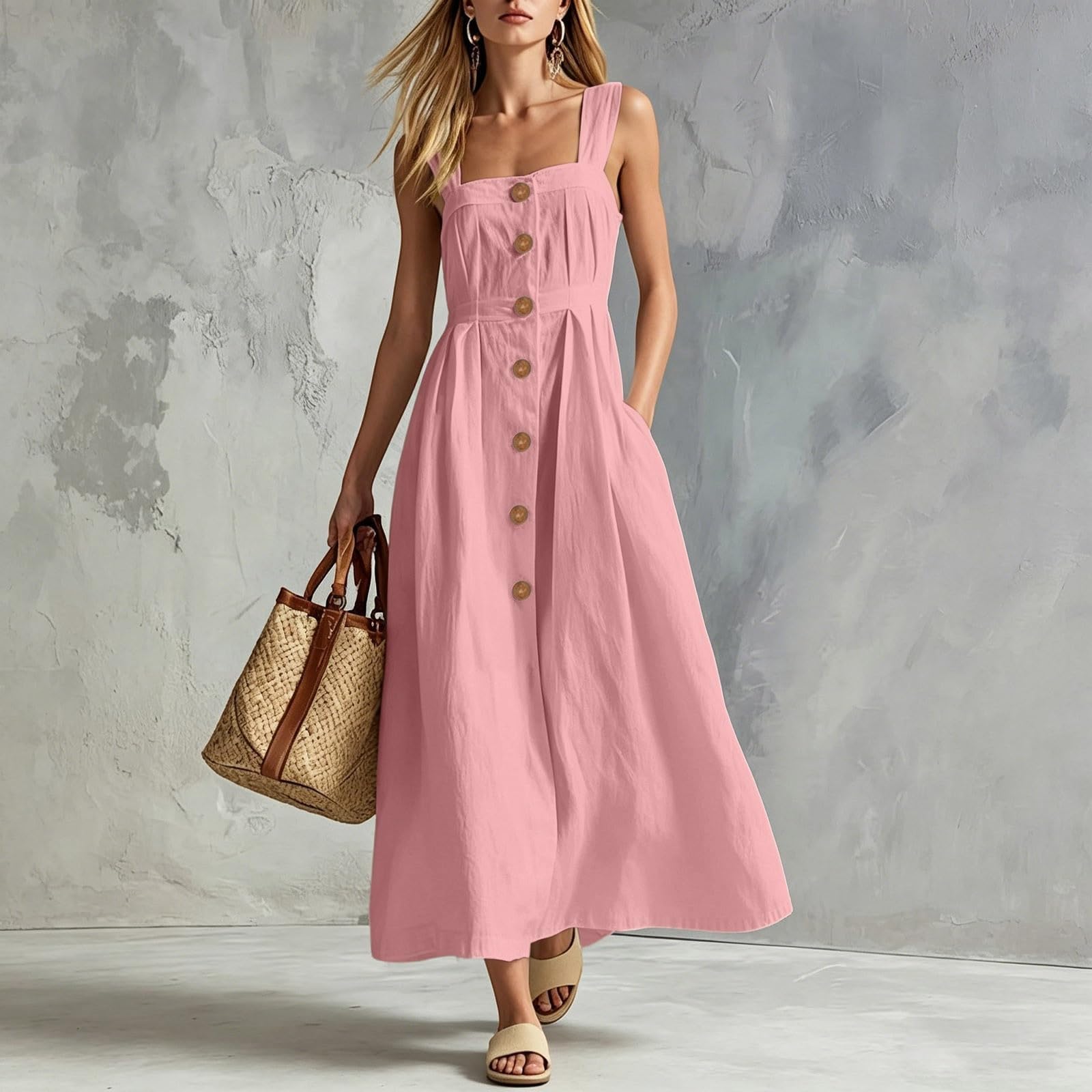 Vestido de verano para mujer, vestido de muselina con cuello halter para mujer, vestido informal de verano con bolsillos, línea A, vestido de volantes, ligero y aireado, vestido de playa, sin mangas