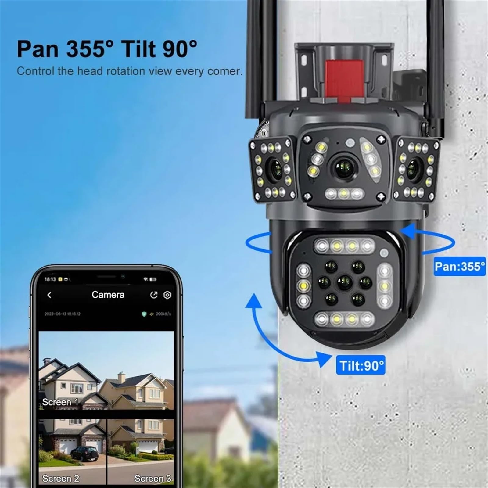 Kamera bezpieczeństwa zewnętrzna, Kamera uliczna IP 6K 12MP Zewnętrzny nadzór wideo 360° Ochrona bezpieczeństwa Trzy ekrany AI Śledzenie Kamera survivalowa Kamera bezpieczeństwa domowego WiFi z widoki